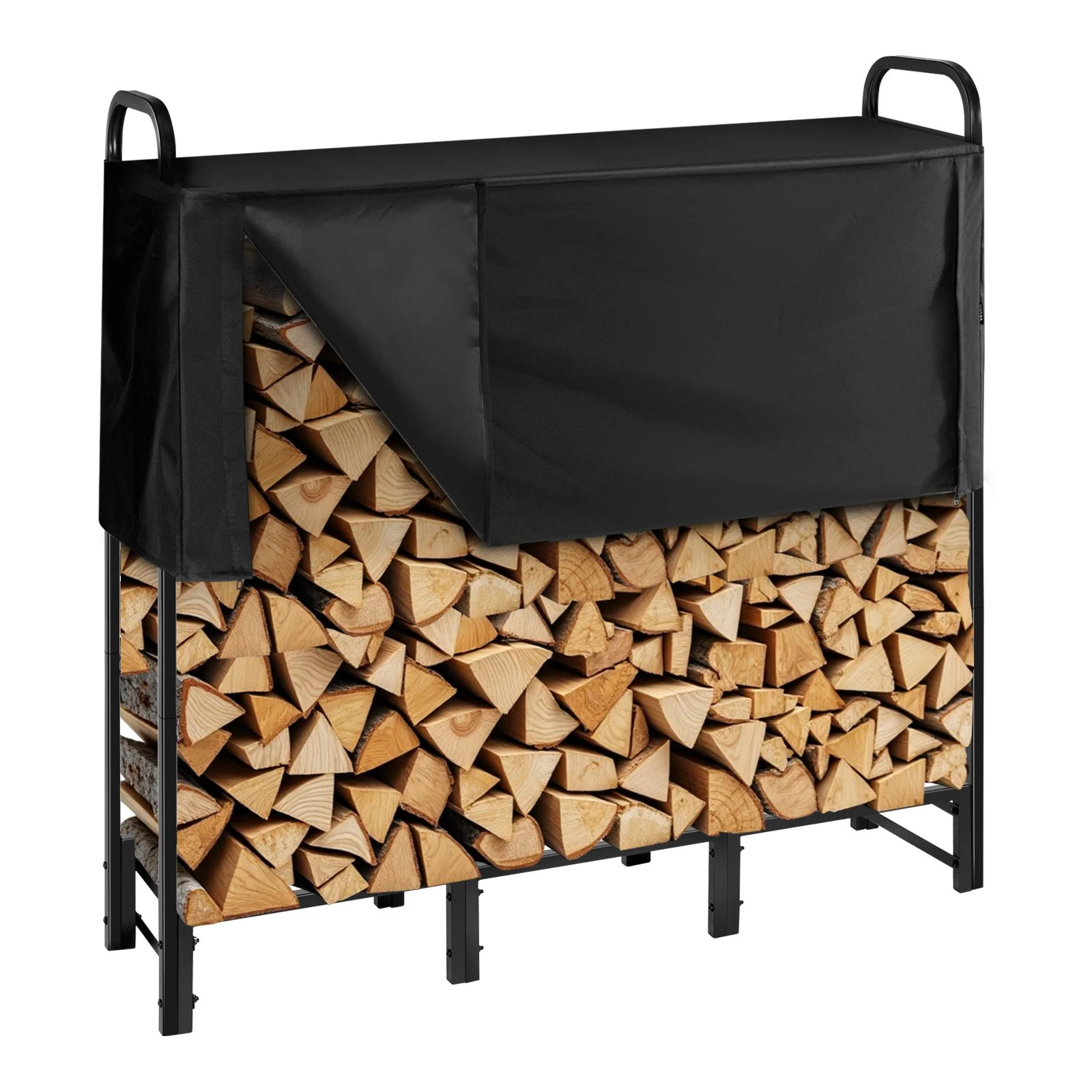 Firewood Rack with Waterproof Cover, 4 ft Outdoor Firewood Holder, 1/4 Cord Storage Metal Log Holder, 400lb Max Weight Capacity, Top Covered, Powder-Coated Wood Storage Rack for Fireplace Deck