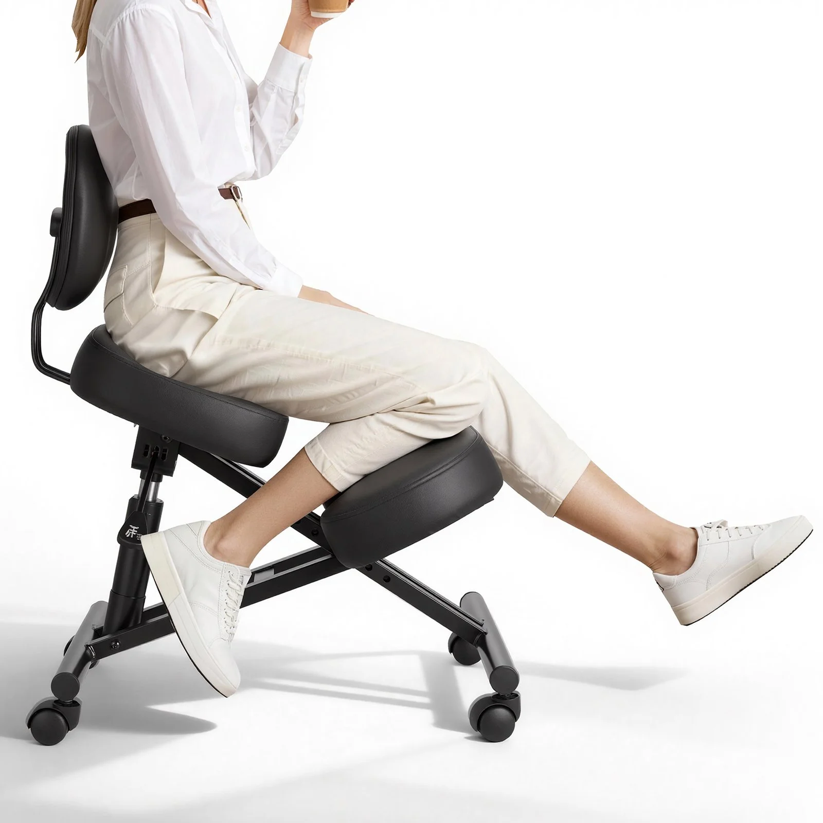 Ergonomic Kneeling Chair with Backrest & Wheels, Mobile X-Shaped Posture Knee Chair with Adjustable Height & Thick Foam Cushions, Relief for Neck or Back Pain for Home, Office, Meditation, Black