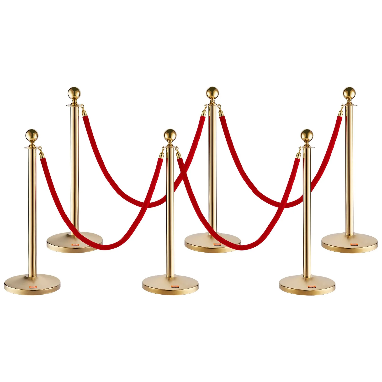 Stanchion Post with Velvet Rope, 6-Pack Crowd Control Stanchion with 4PCS 5FT Red Velvet Ropes, Stainless Steel Queue Barrier Line Divider with Fillable Base & Ball Top for Wedding Museum Party