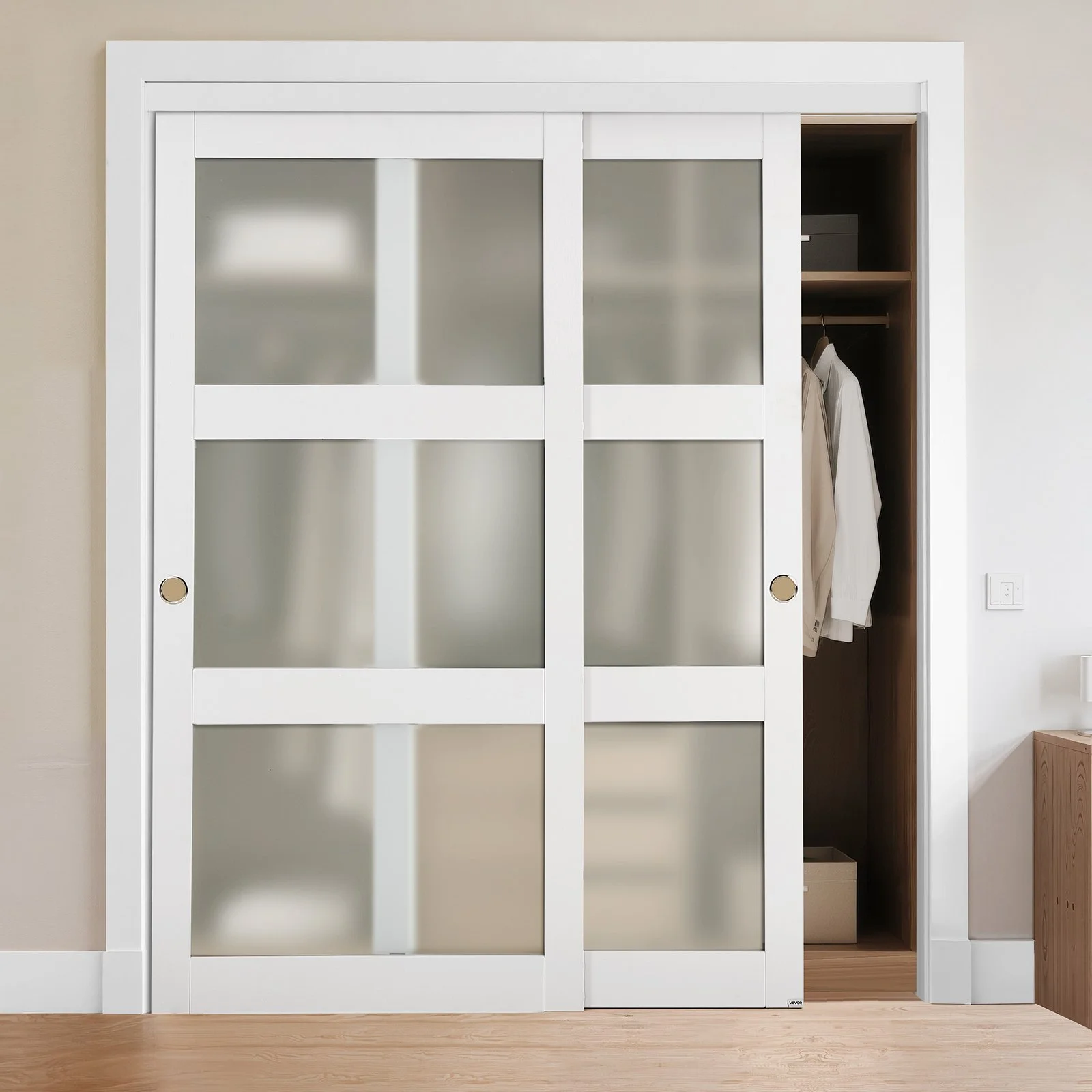 Sliding Closet Door, 72" (Double 37") x 80", 3-Lite Frosted Glass Bypass Sliding Doors with Hardware Kit & Floor Guide, Solid Wood & MDF Slab with Water-Proof PVC Surface for Closets Bedrooms