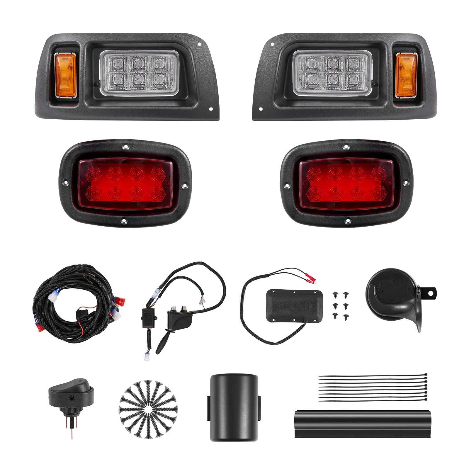 Golf Cart Light Kit, 12 Volt, Street Legal LED Headlight and Taillight Kit with Wiring Harness, Turn Signals, Hazard Light, Switch Horn, Brake Pad, Zip Ties, ABS Housing, for Club Car DS 1993-Up
