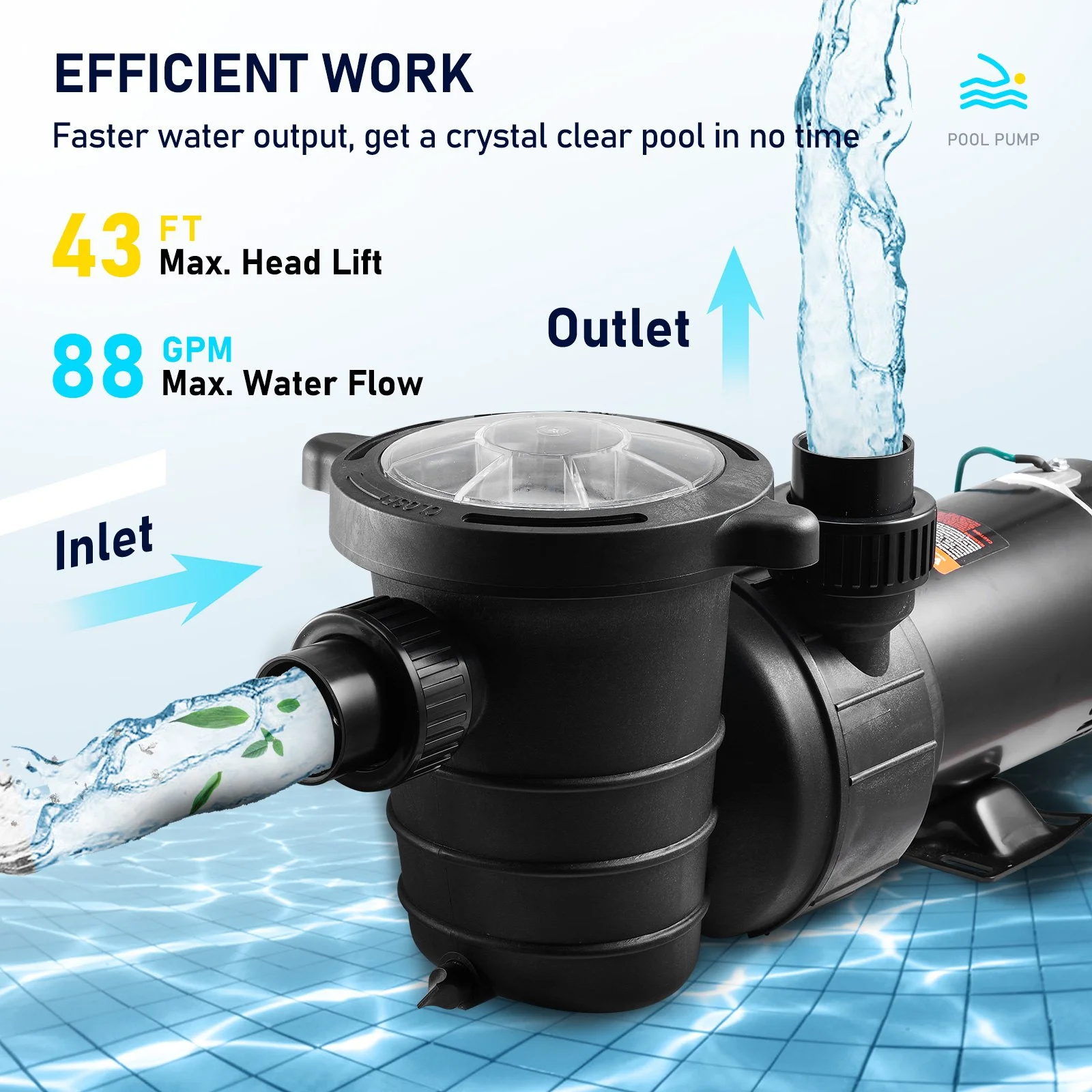 Swimming Pool Pump 1.5HP 115V 1100W, Single Speed Pumps for Above Ground, Powerful Pool Pumps with Strainer Filter Basket, 5280 GPH Max. Flow, Certification of ETL for Security - Image 6