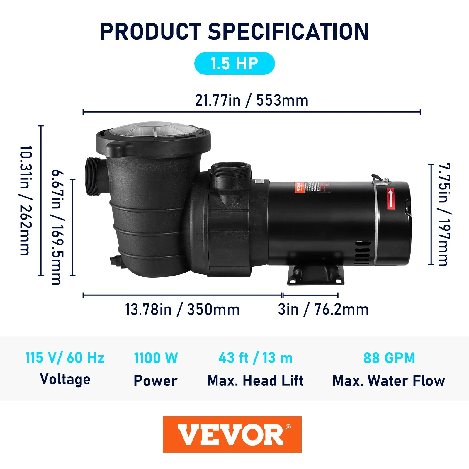 Swimming Pool Pump 1.5HP 115V 1100W, Single Speed Pumps for Above Ground, Powerful Pool Pumps with Strainer Filter Basket, 5280 GPH Max. Flow, Certification of ETL for Security - Image 8