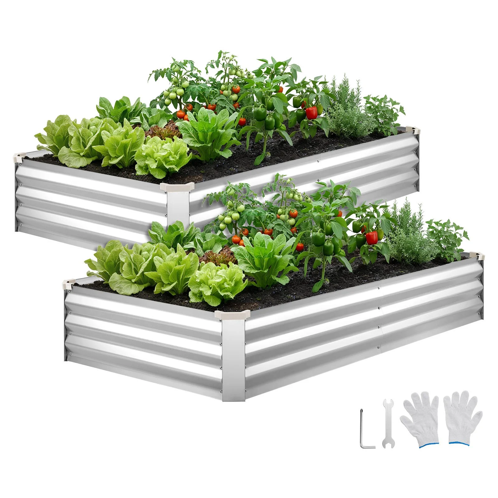 2 Pack Galvanized Raised Garden Beds, 6 x 3 x 1 ft, Rectangular Metal Planter Boxes Kit Outdoor, Bottomless Elevated Planting Box with Gloves, Alu-Zinc, for Growing Flowers Vegetables, Silver