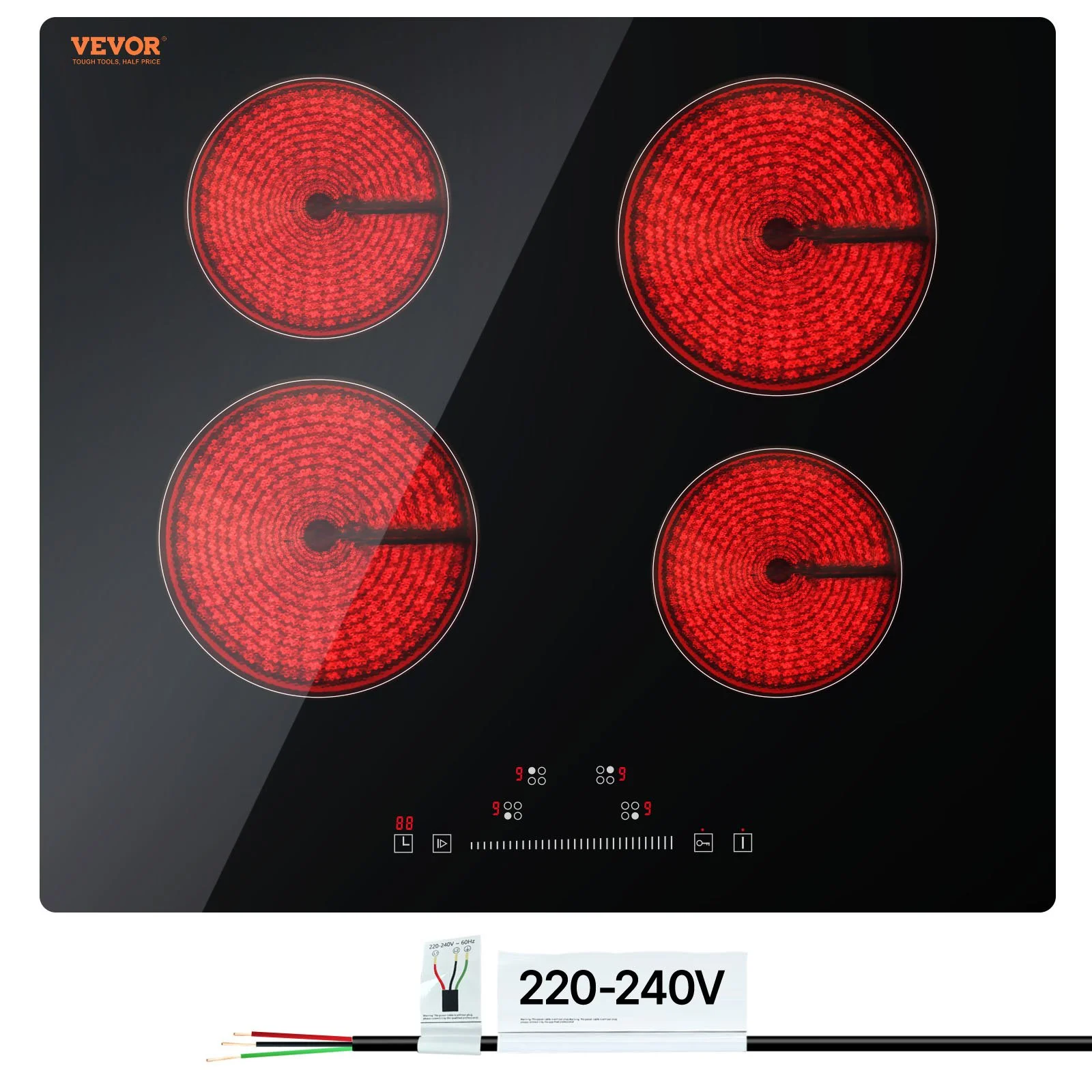 Built in Electric Stove Top, 23.2 x 20.5 inch 4 Burners, 240V Glass Radiant Cooktop with Sensor Touch Control, Timer & Child Lock Included, 9 Power Levels for Simmer Steam Slow Cook Fry