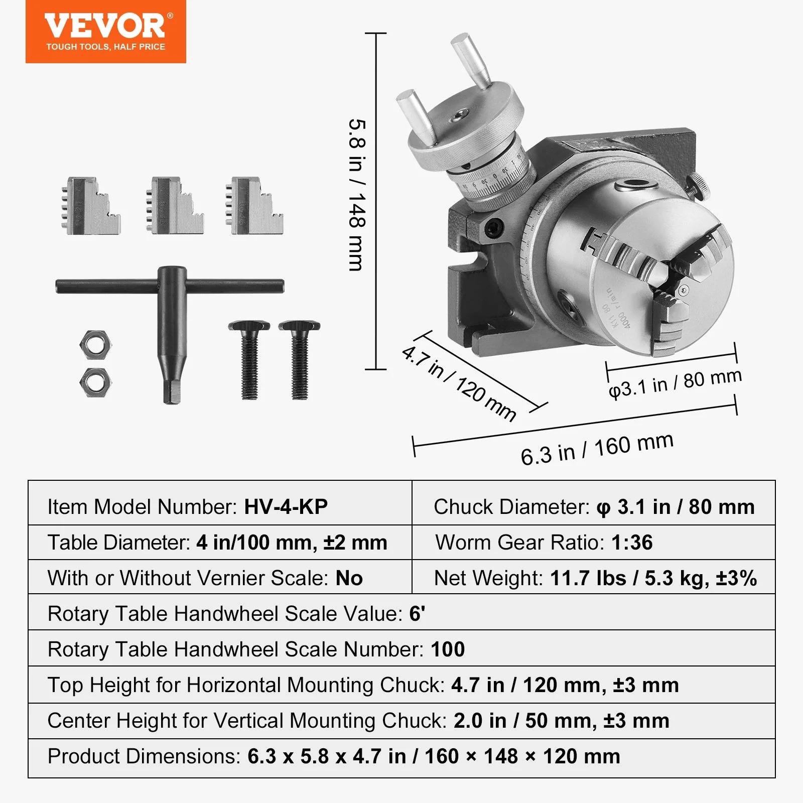 Milling Machine Rotary Table, 4''/100 mm, Versatile Horizontal & Vertical Design, Precision Crafted, Includes 3.1''/80 mm 3-Jaw Chuck, M10 T-Bolts & Nuts, Ideal for Engineering & Indexing - Image 6