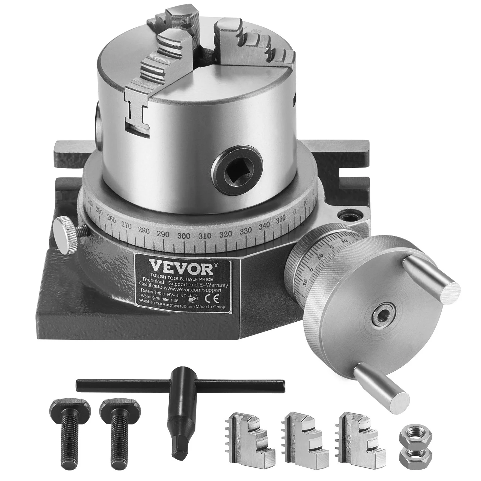 Milling Machine Rotary Table, 4''/100 mm, Versatile Horizontal & Vertical Design, Precision Crafted, Includes 3.1''/80 mm 3-Jaw Chuck, M10 T-Bolts & Nuts, Ideal for Engineering & Indexing