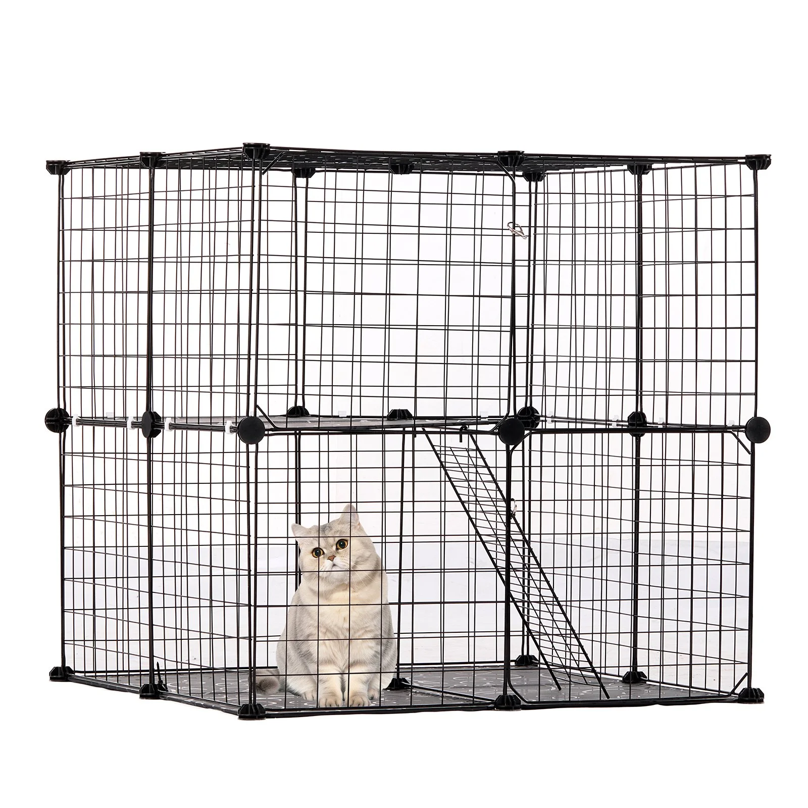 Large 2-tier Cat Cage, 28 x 28 x 28", DIY Detachable Metal Wire Cat Enclosure, with Ramp Ladder Adjustable Resting Platform, Crate Large Indoor ＆ Outdoor Exercise Place for Small Animals, Black