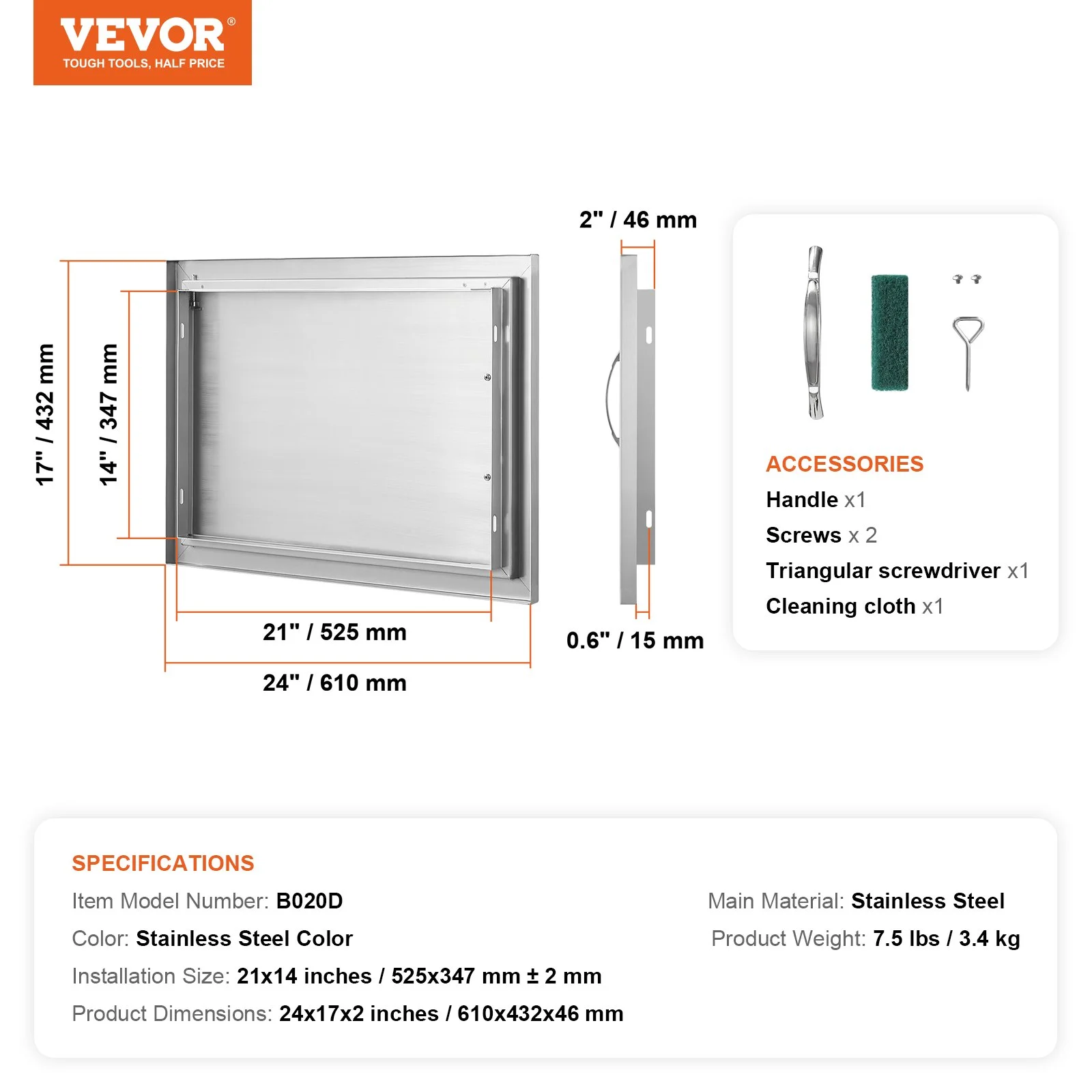 BBQ Access Door, 24W x 17H Inch Single Outdoor Kitchen Door, Stainless Steel Flush Mount Door, Wall Vertical Door with Handle, for BBQ Island, Grilling Station, Outside Cabinet - Image 11