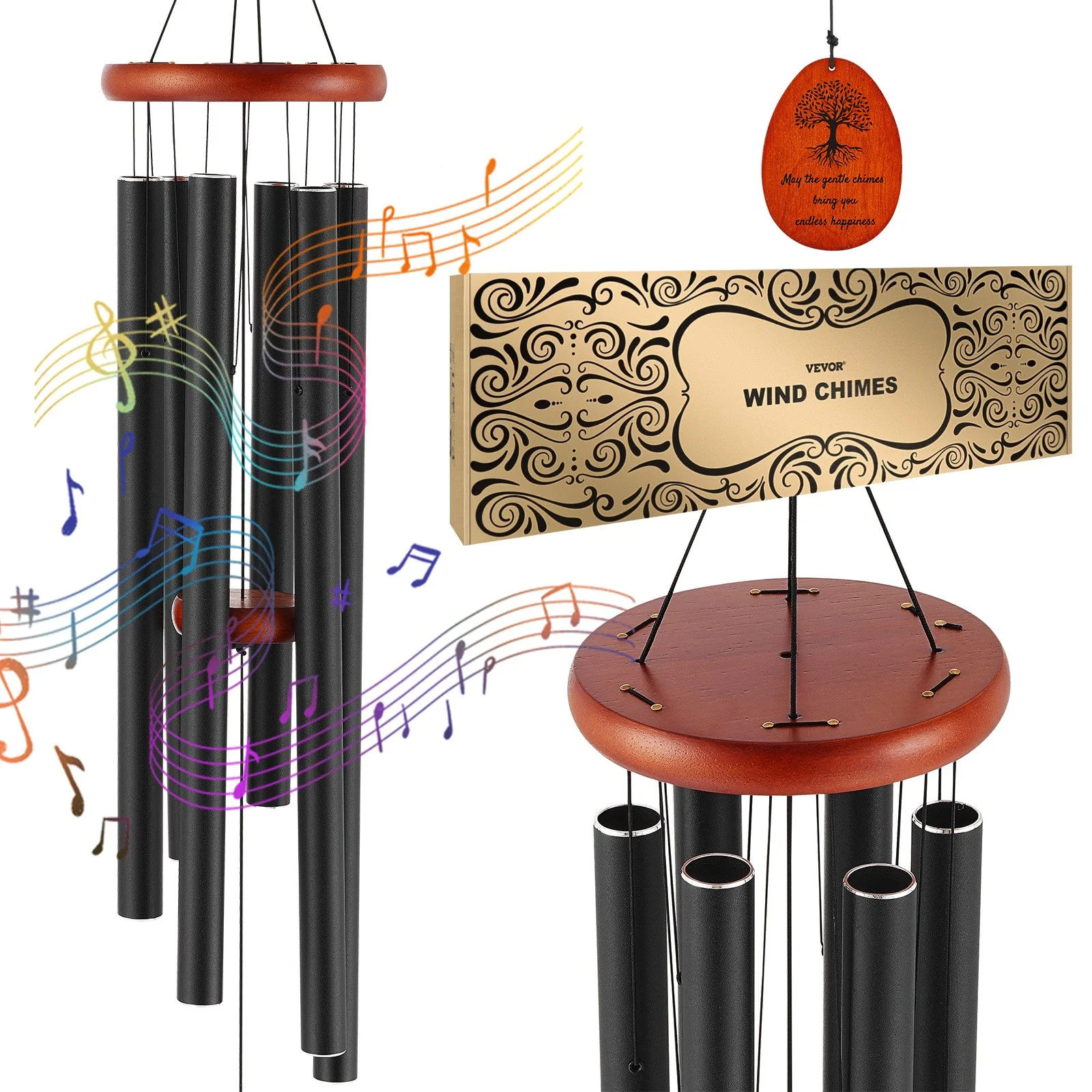 Wind Chimes for Outside, 41 in, Deep Tone Wind Chimes with 6 Tubes, Unique Large Memorial Wind Chimes for Anniversary, Amazing Outdoor Decor for Your Patio, Porch, Garden and Backyard, Black