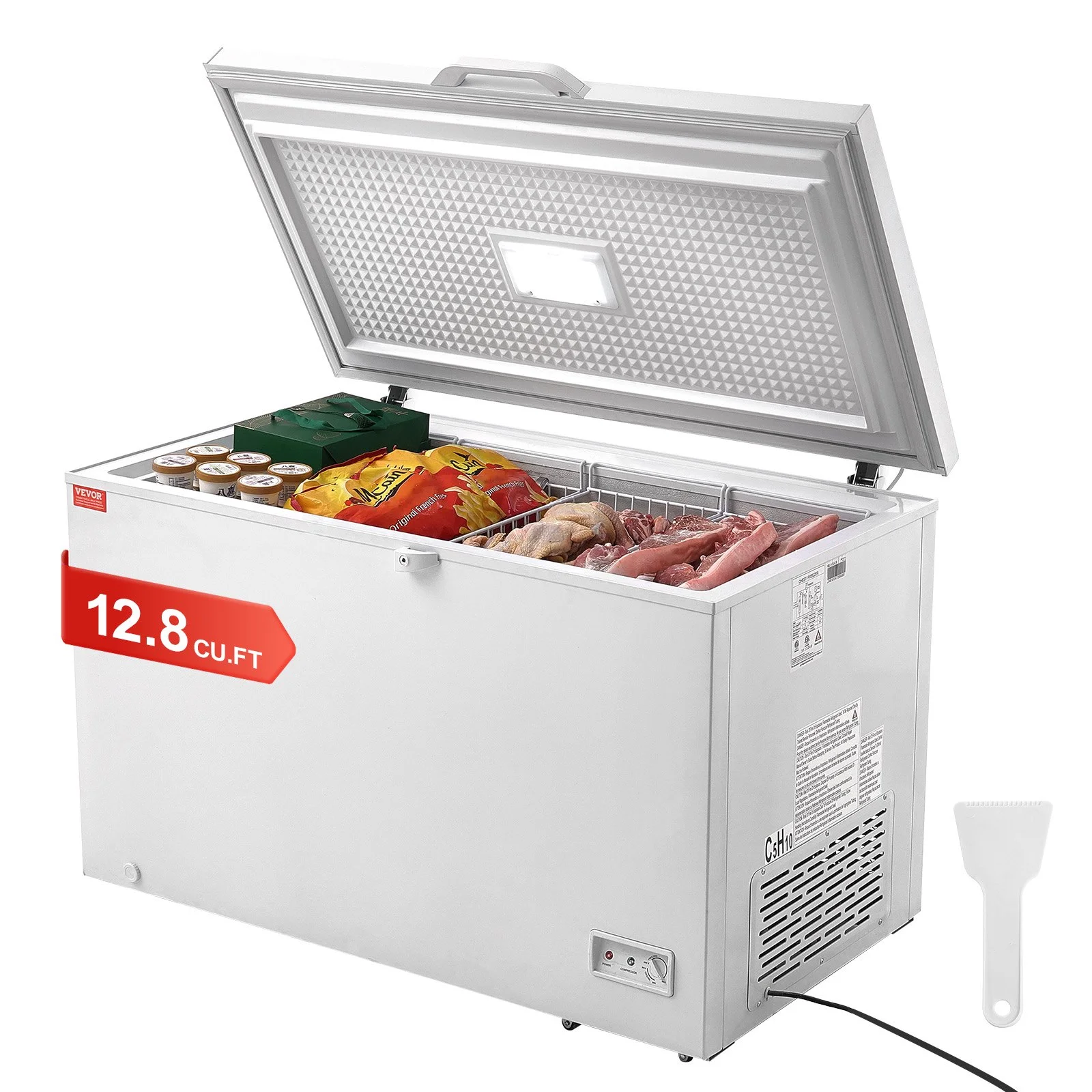 Chest Freezer, 12.8 Cu.ft / 345 L Large Deep Freezer & 4 Removable Baskets, Freestanding Top Open Door Commercial Chest Freezers with Locking Lid, 7-Level Adjustable Temp, LED Lighting, 6 Wheels