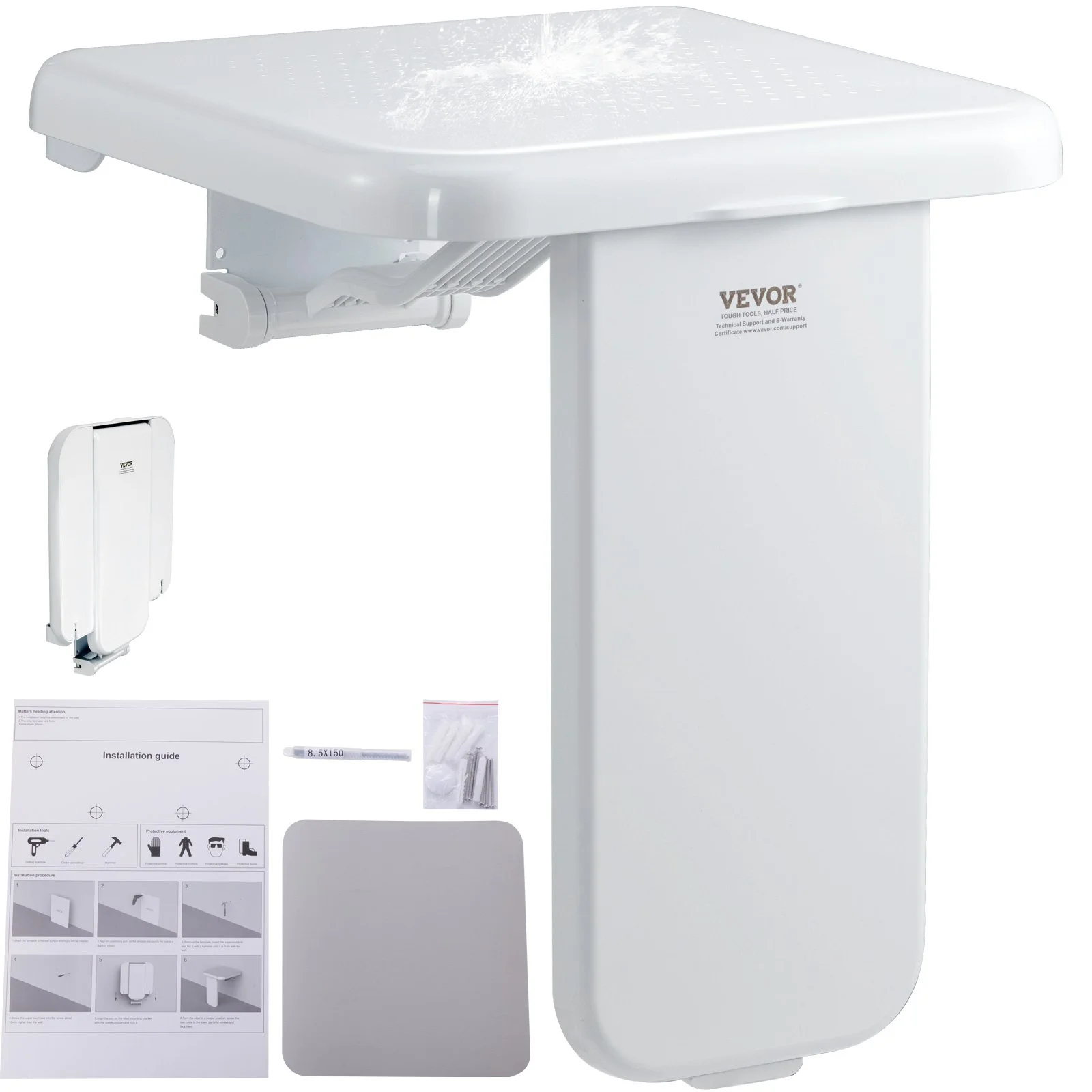 Folding ABS Shower Seat, 15.7'' x 16.7'' Unfolded, Wall Mounted Fold Up Shower Bench with 440 lbs Load Capacity, Space Saving Fold Down Shower Chair for Seniors Pregnant Women Children Adults