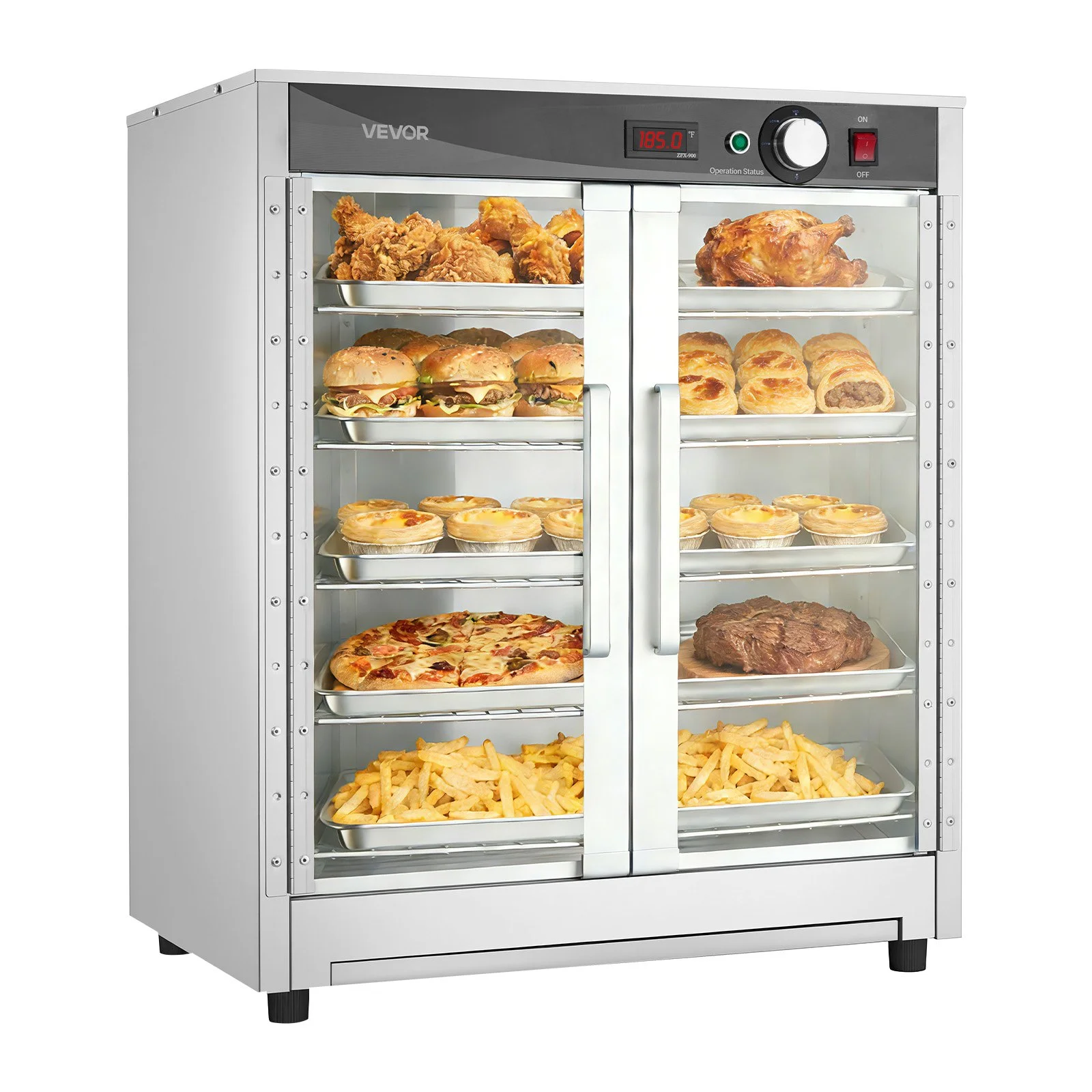 Electric Hot Box Food Warmer, 5-Tier Commercial Warming Cabinet with Water Tray, Double-Door and Adjustable Shelves, Stainless Steel Food Warmer Cabinet, for Restaurant, Kitchen, Pizza, Chicken