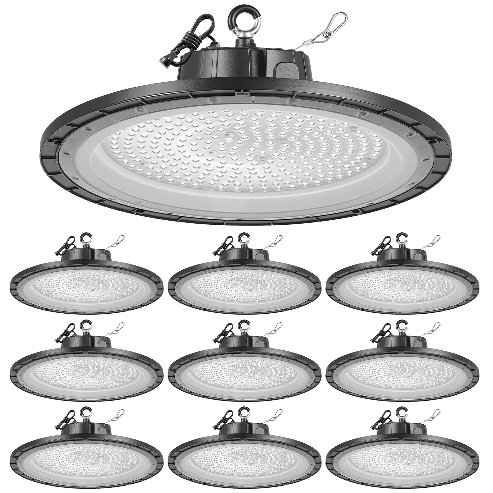 10 Pack LED High Bay Lights, 5000K 200W 30000LM Super Bright UFO LED Warehouse Shop Lights, IP65 Waterproof, 100-277V Wide Voltage for Warehouse Workshop Factory Gym Garage Barn, Black