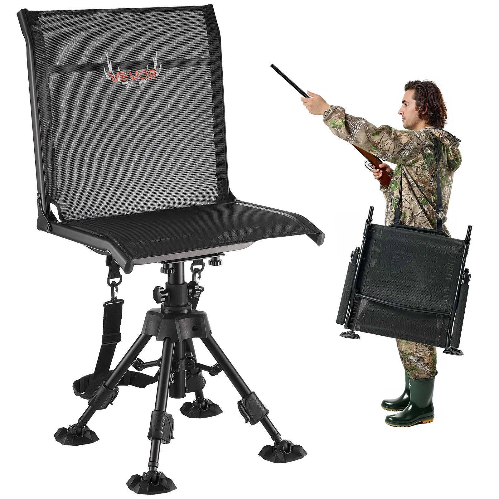 Hunting Chair, 360° Silent Swivel, Foldable Portable Blind Chair, Heavy-Duty Steel Frame Ground Stool Seat with Anti-Sink Swivel Feet, Height Adjustable, 350 Lbs Capacity for Fishing Camping