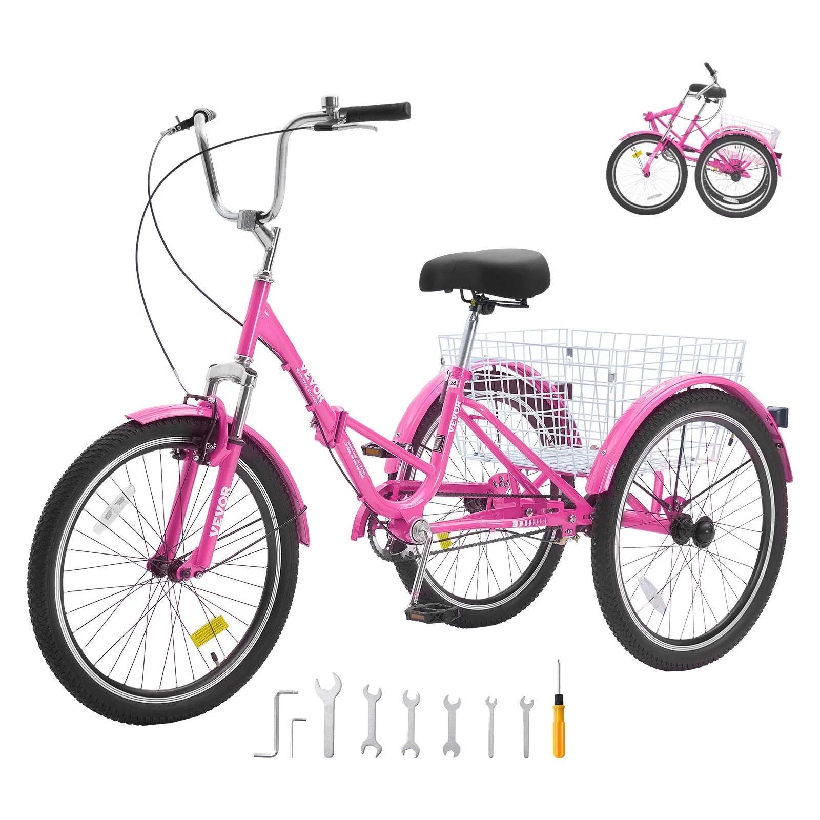 Folding Adult Tricycle, 26-Inch Adult Folding Trikes, Carbon Steel 3 Wheel Cruiser Bike with Large Basket & Adjustable Seat, Shopping Picnic Foldable Tricycles for Women, Men, Seniors (Pink)