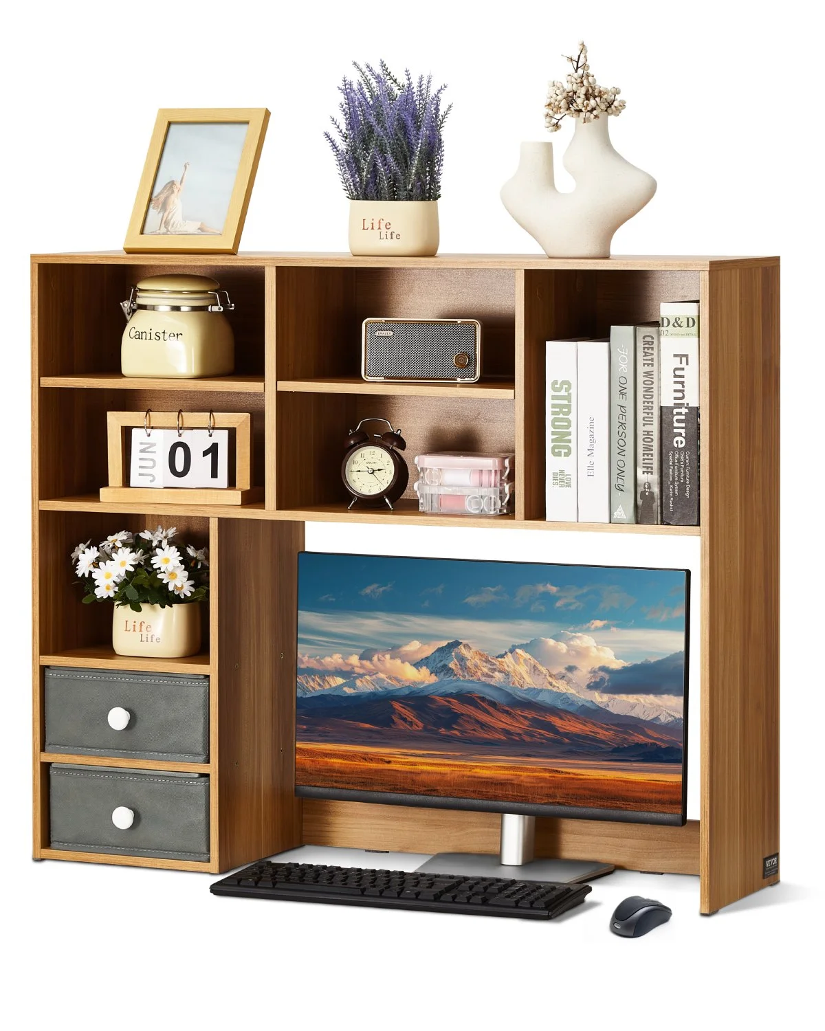 Desktop Bookshelf, 3-Tier Wood Desktop Storage Organizer, 37" x 10" x 31.1" Office Storage Rack Wood Display Shelf, Desktop Bookshelf Hutch with Two Fabric Drawers, for Office, Home & Dorm