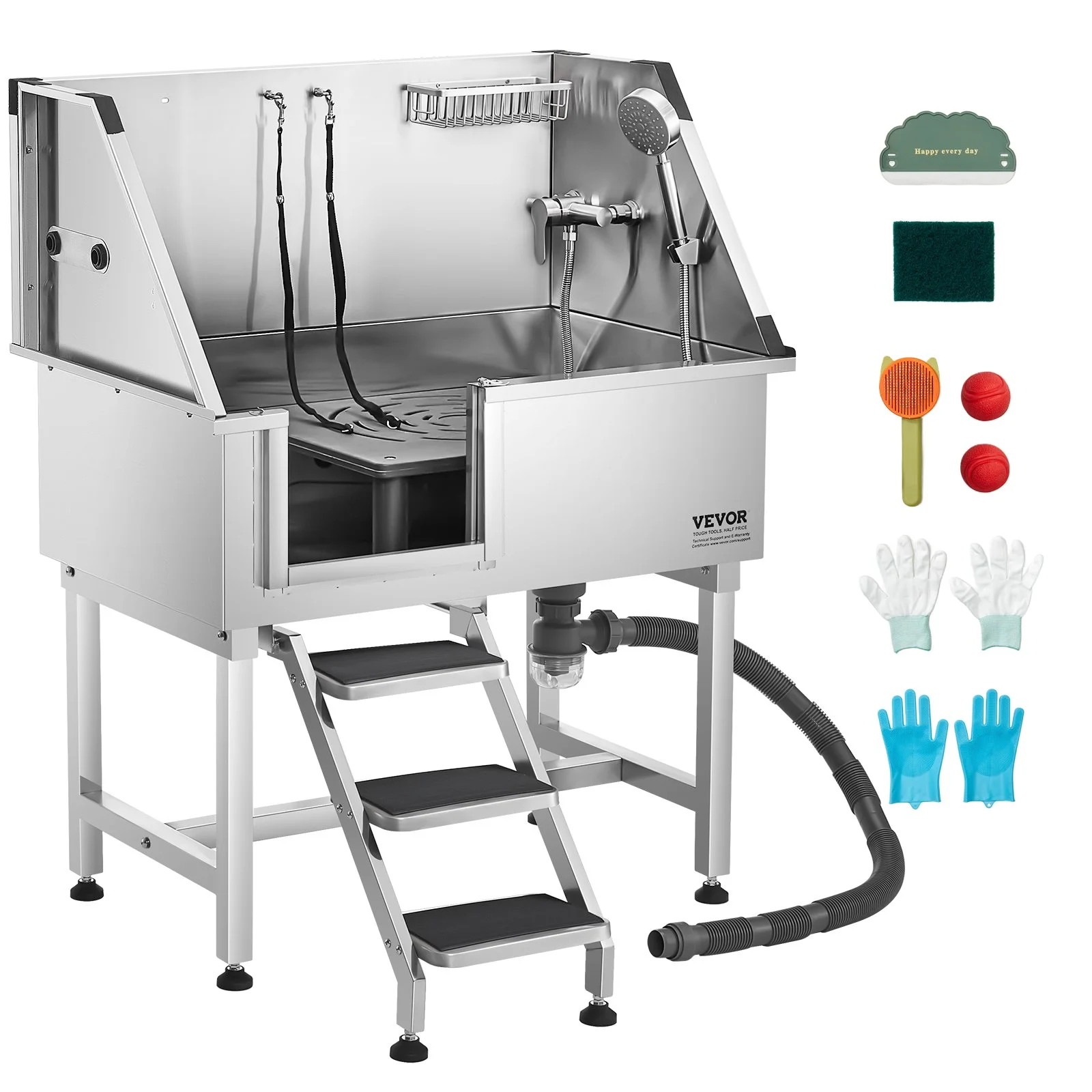 38 Inch Stainless Steel Dog Washing Station, Pet Grooming Tub with Hot & Cold Faucet, Showerhead, Home Wash Sink, Fits Small and Medium Cats and Dogs, Non-Slip Stairs (Left Door)