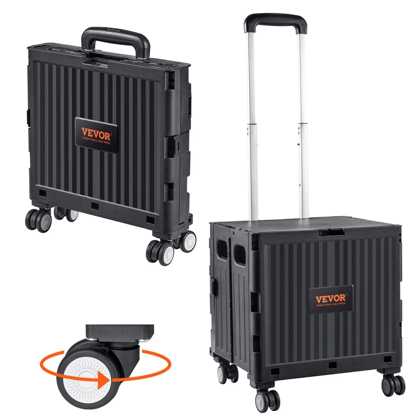 Foldable Utility Cart, 110 lbs Load Capacity, Folding Portable Rolling Crate Handcart with Heavy Duty Telescoping Handle and 4 Rotate Wheels for Travel Shopping Moving Luggage Office Use, Black
