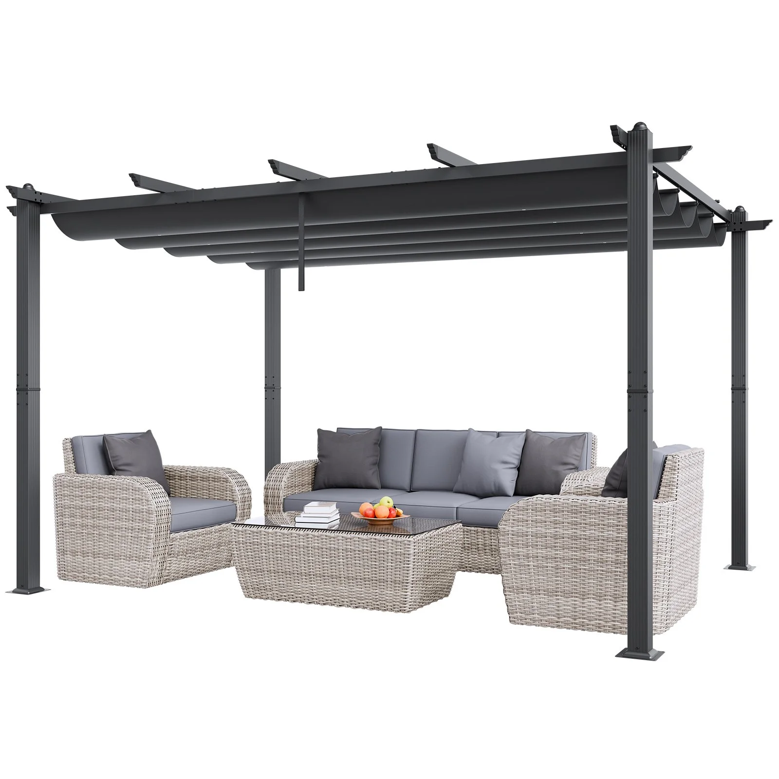 10'x13' Outdoor Retractable Pergola with Canopy, Aluminum Pergola with Retractable Canopy, Modern Pergola with Sun Shade Canopy for Patios, Gardens, Decks, Backyards (Gray)