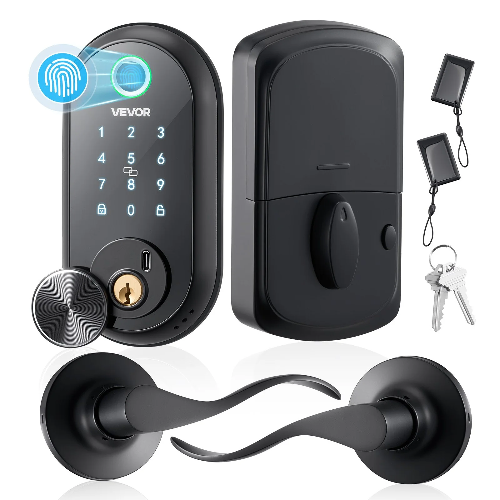 Fingerprint Door Lock Set, Electronic Biometric Deadbolt Keyless Entry Door Lock with Handle, Touchscreen, Auto Locking, One-Time Code, Anti-Peeking Password, IC Cards, for Home, Matte Black