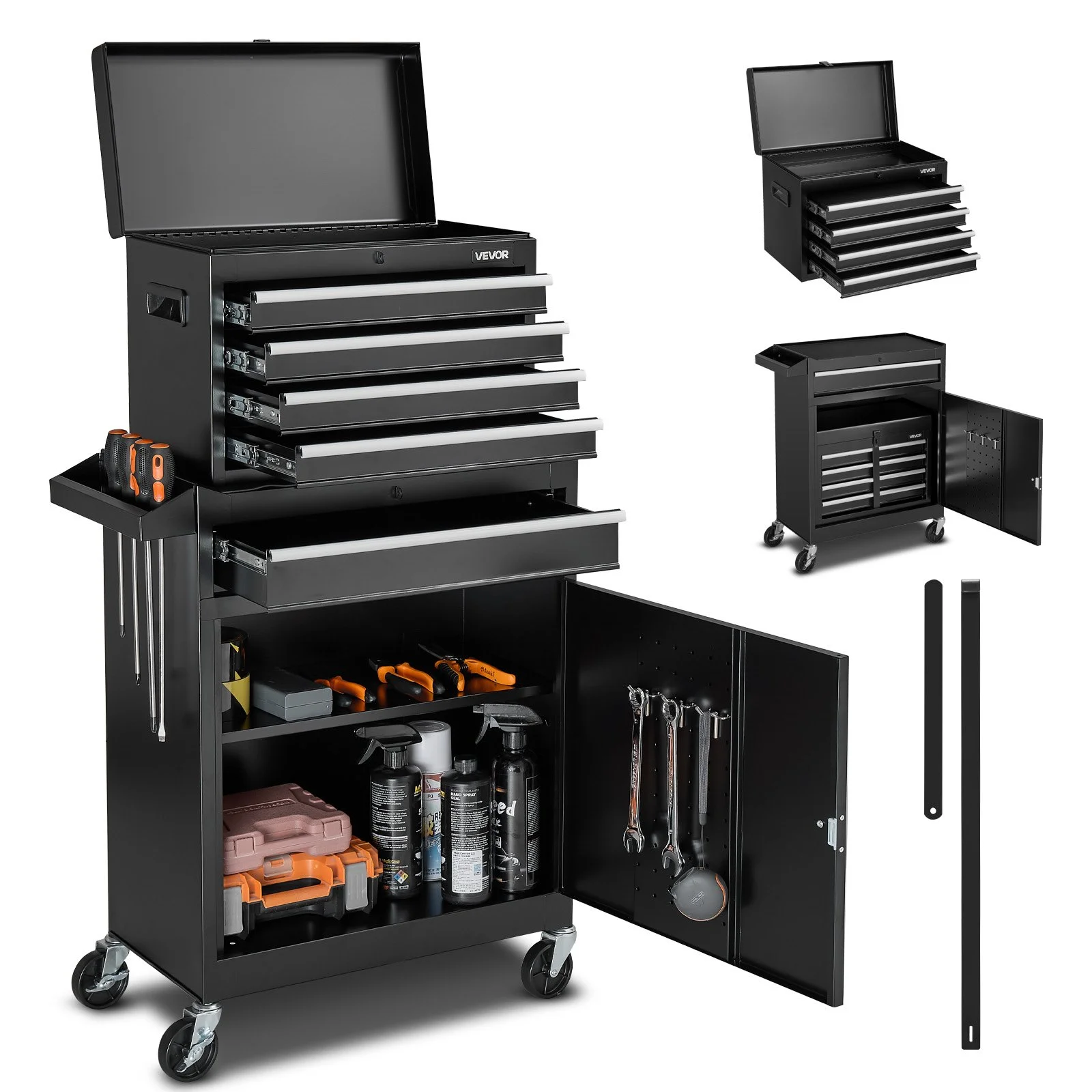 Rolling Tool Chest, 2-in-1 Design, 5 Drawers Tool Cabinet Organizer with Detachable Top Metal Toolbox, Lock Bar, Protective Liner, and Tools Rack, Garage Storage Cabinet for Warehouse, Workshop
