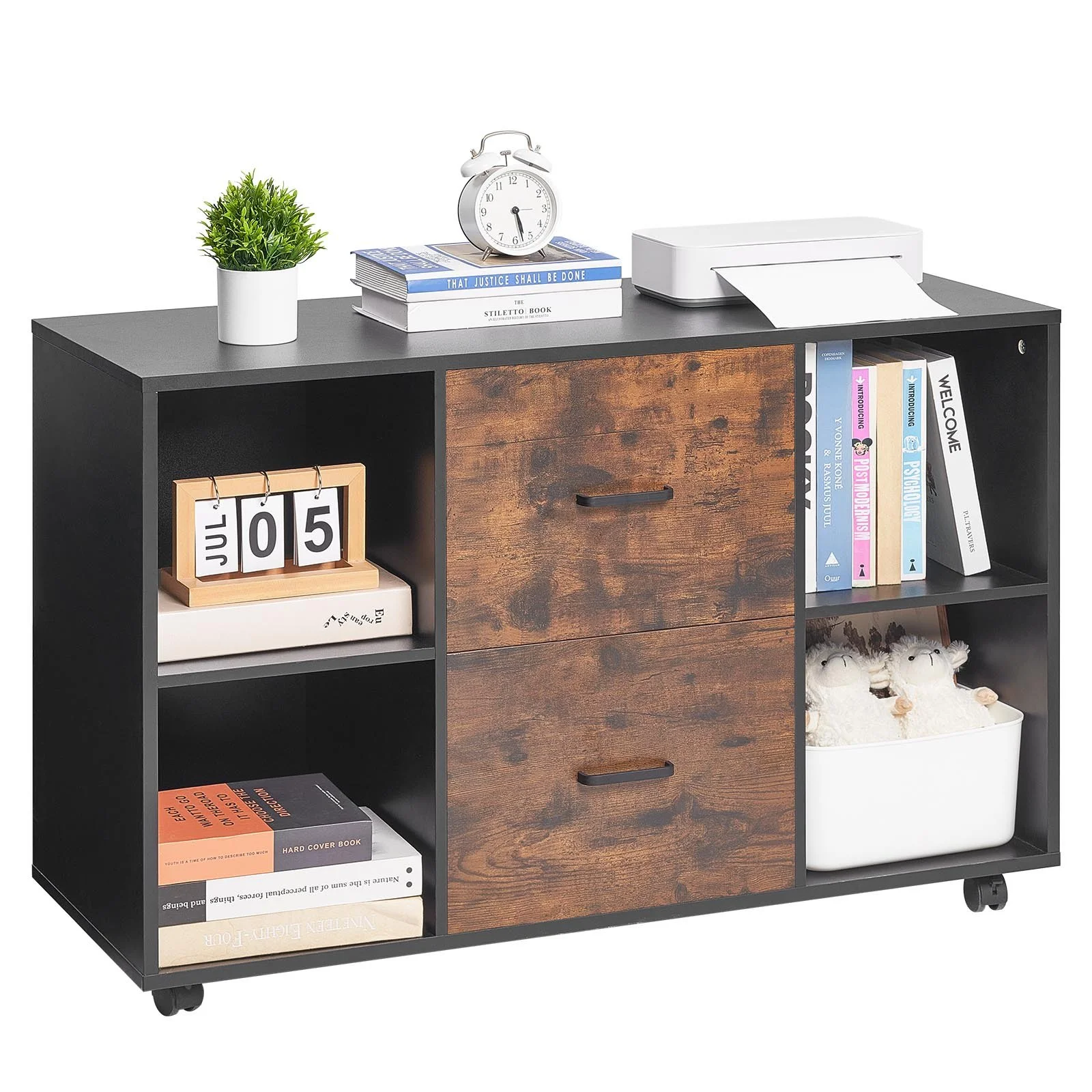 2 Drawer Wooden File Cabinet, Mobile Filing Cabinet with Open Shelves, Lateral Rolling File Storage with Lockable Wheels, Modern Free Standing Printer Stand for Home, Office, School, Black