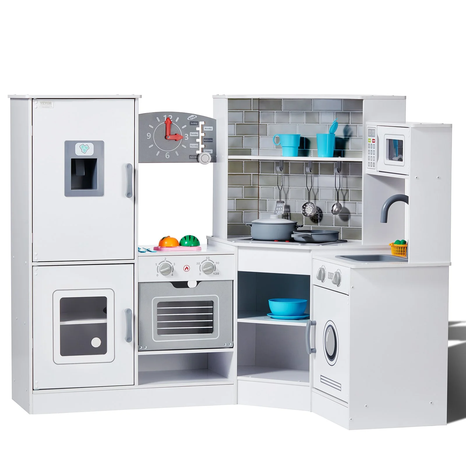 Corner Wooden Play Kitchen, Toy Set with Lights and Sounds, Toddler Kitchen with Ice Maker, Oven, Sink, Clock, Microwaves, Refrigerator and Accessories, for Toddlers, Preschoolers, White