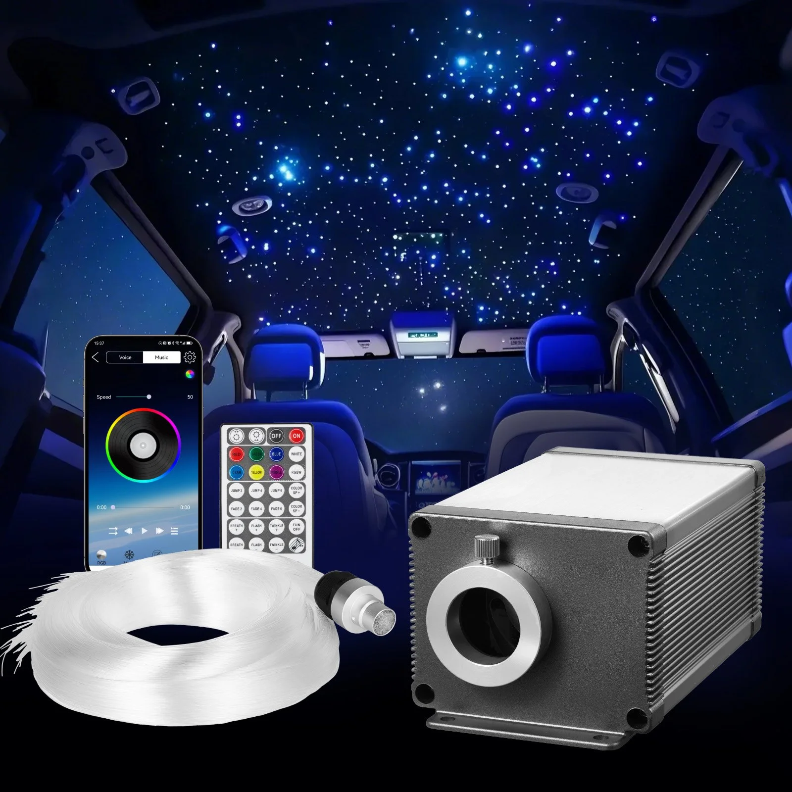 Starlight Headliner Kit, 550 pcs 0.03 in 9.8 ft, 16W Twinkle Fiber Optic Star Ceiling Lights for Car, Bluetooth APP, Remote Control, Sound Activated, RGBW Light Engine, for Home Bed Room Decor