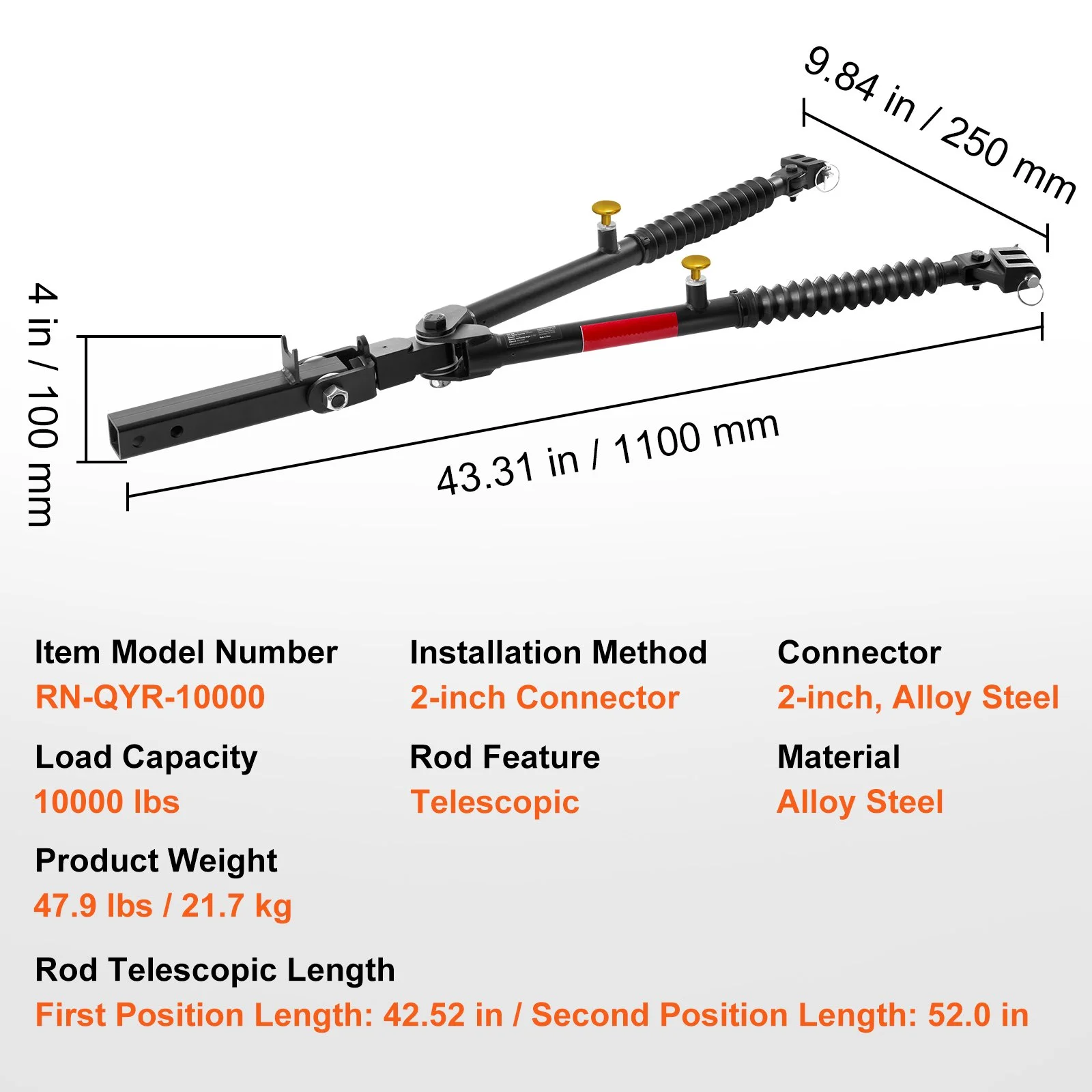 Tow Bar, 10000 lbs Towing Capacity with Ropes, Powder-Coating Alloy Steel Bumper-Mounted Universal Towing Bar with Max 52 inches Telescopic Rod, Fits 2-inch Connector, for RV Car Trailer Truck - Image 3