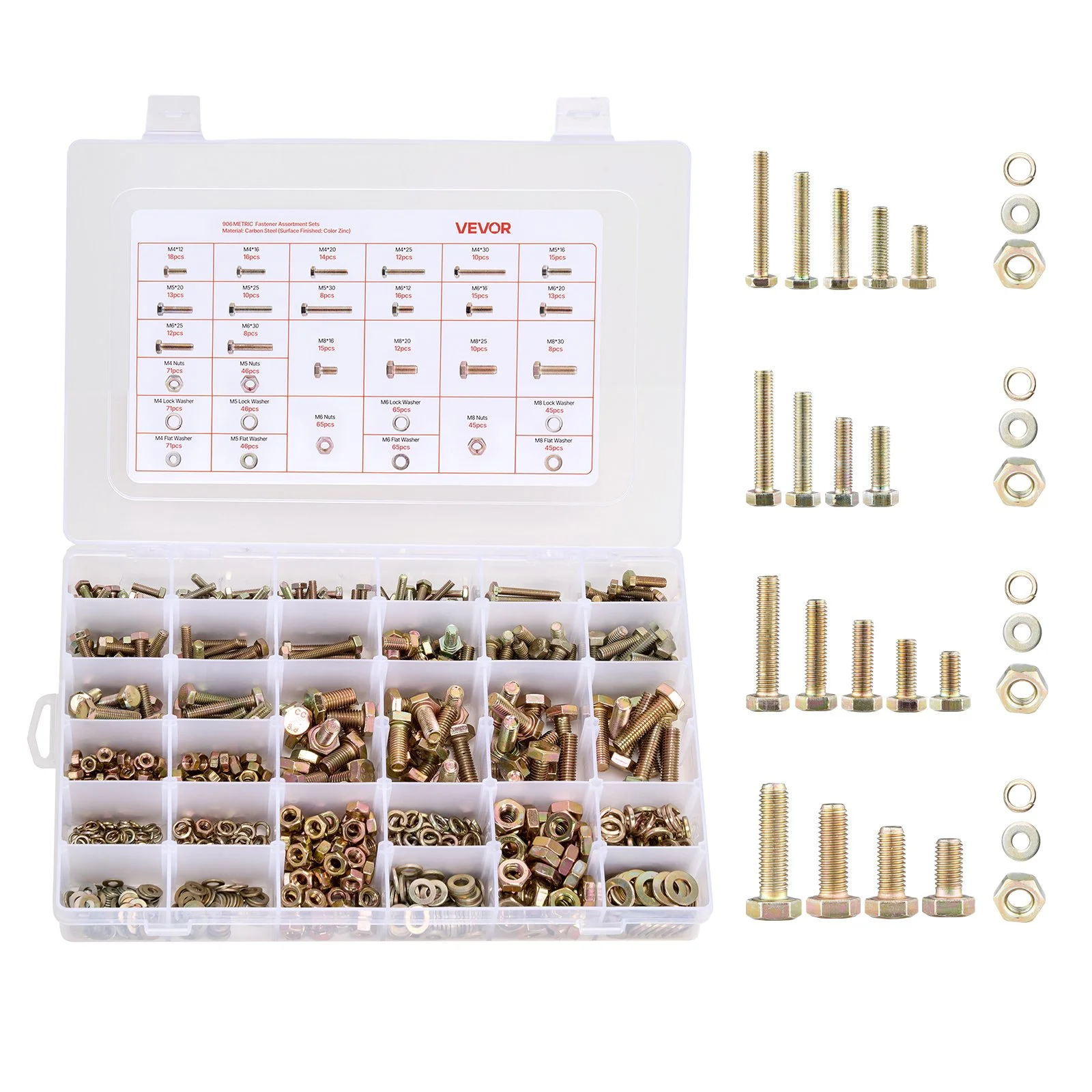 906 Pcs Bolts and Nuts Assortment Kit, Metric Machine Screws and Flat Washers, Alloy Steel M4/M5/M6/M8 Multiple Size, for Equipment Assembly, Vehicle Grade 8.8 Gold-Plated Galvanized