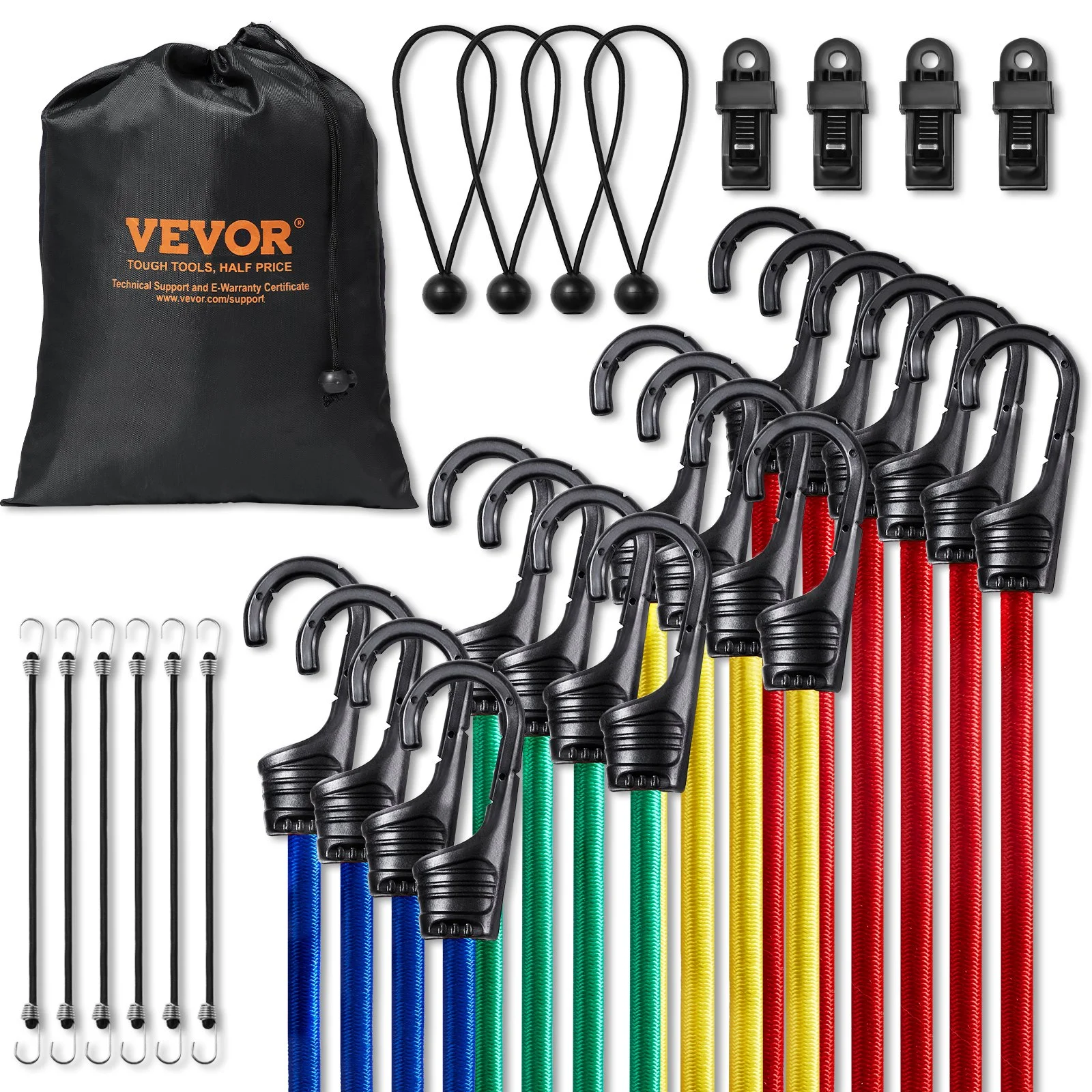 32 Piece Bungee Cords Assortment, 8 mm Heavy Duty Bungee Straps with A3 Steel Hooks, Including 10", 24", 32", 40", 48", Bungee Ropes Set with Portable Storage Bag, 4 Clips & Canopy Ties