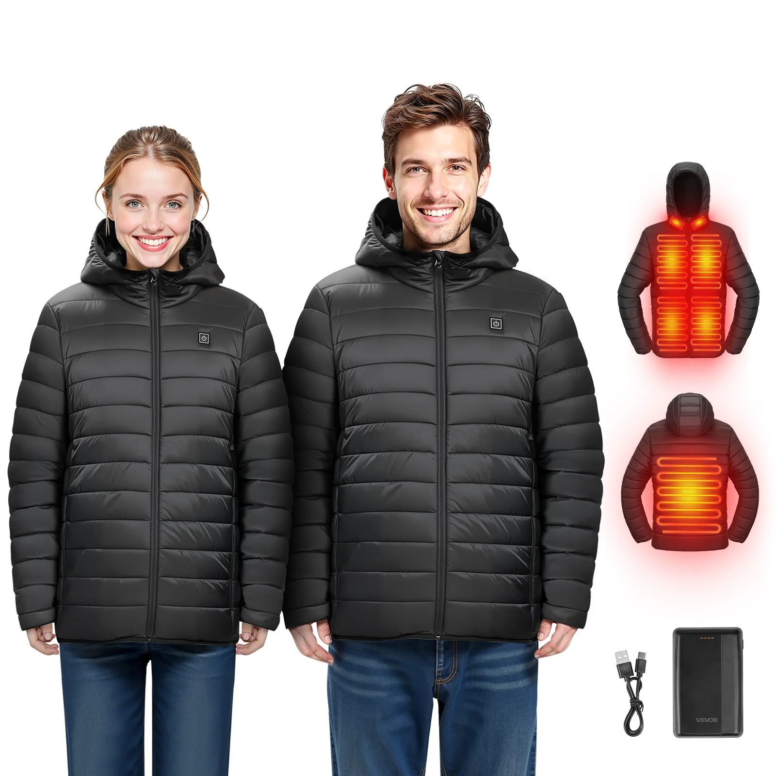 Heated Jacket for Men with 7.4V Battery, Soft Shell Electric Heating Coat, Windproof Lightweight Outerwear with 6 Heating Zones & 3 Heat Settings for Hiking, Outdoor Work, Black, XL Size