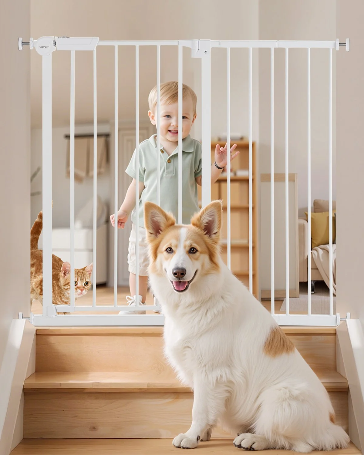 Baby Gate, 26-40 Inches Adjustable Width, 36 Inches High Dog Gate, Easy Step Walk Thru, for Child Pet Security, Pressure Mount Kit, Wall Cups, One-Hand Open, for Stairs and Doorways, White