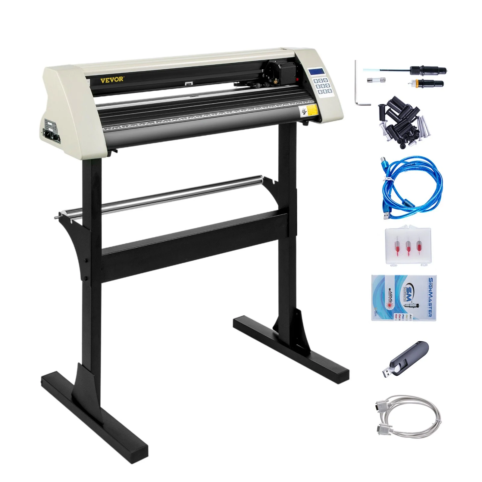Vinyl Cutter Machine, 28 Inch Paper Feed Cutting Plotter Bundle, Adjustable Force & Speed Vinyl Printer, LCD Display Windows Compatible Sign Making kit with Signmaster, Sturdy Stand, 3Blades, Wh