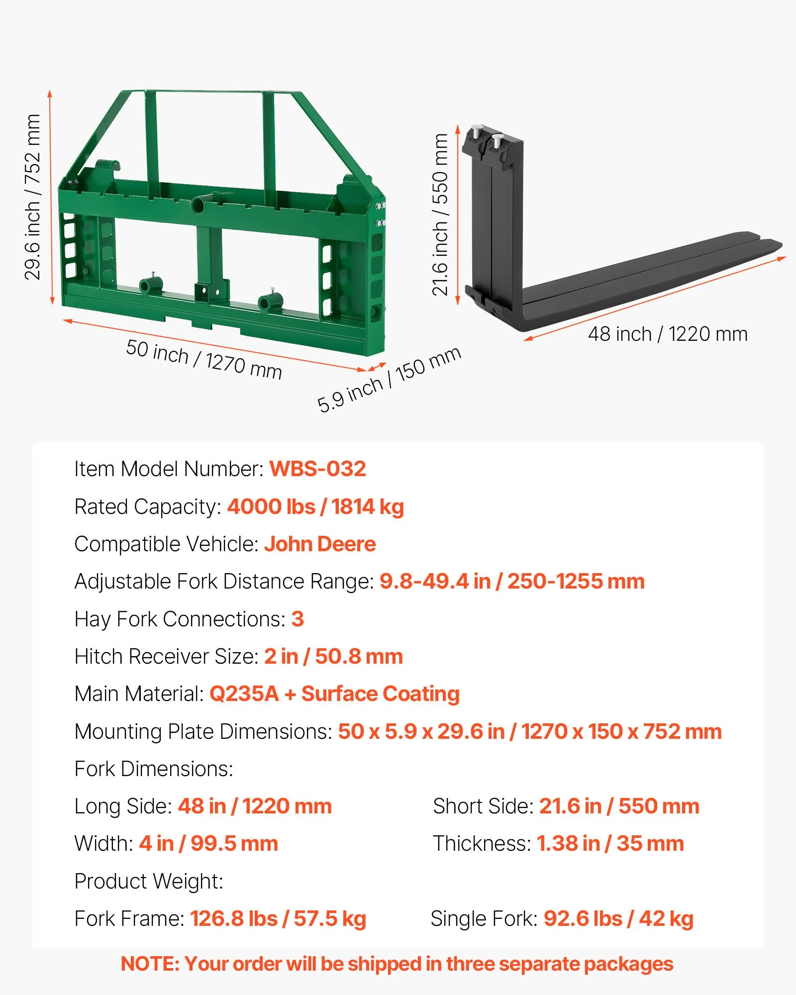 Pallet Fork Frame Attachment with 48-inch Skid Steer Forks for JD Tractors - Image 3