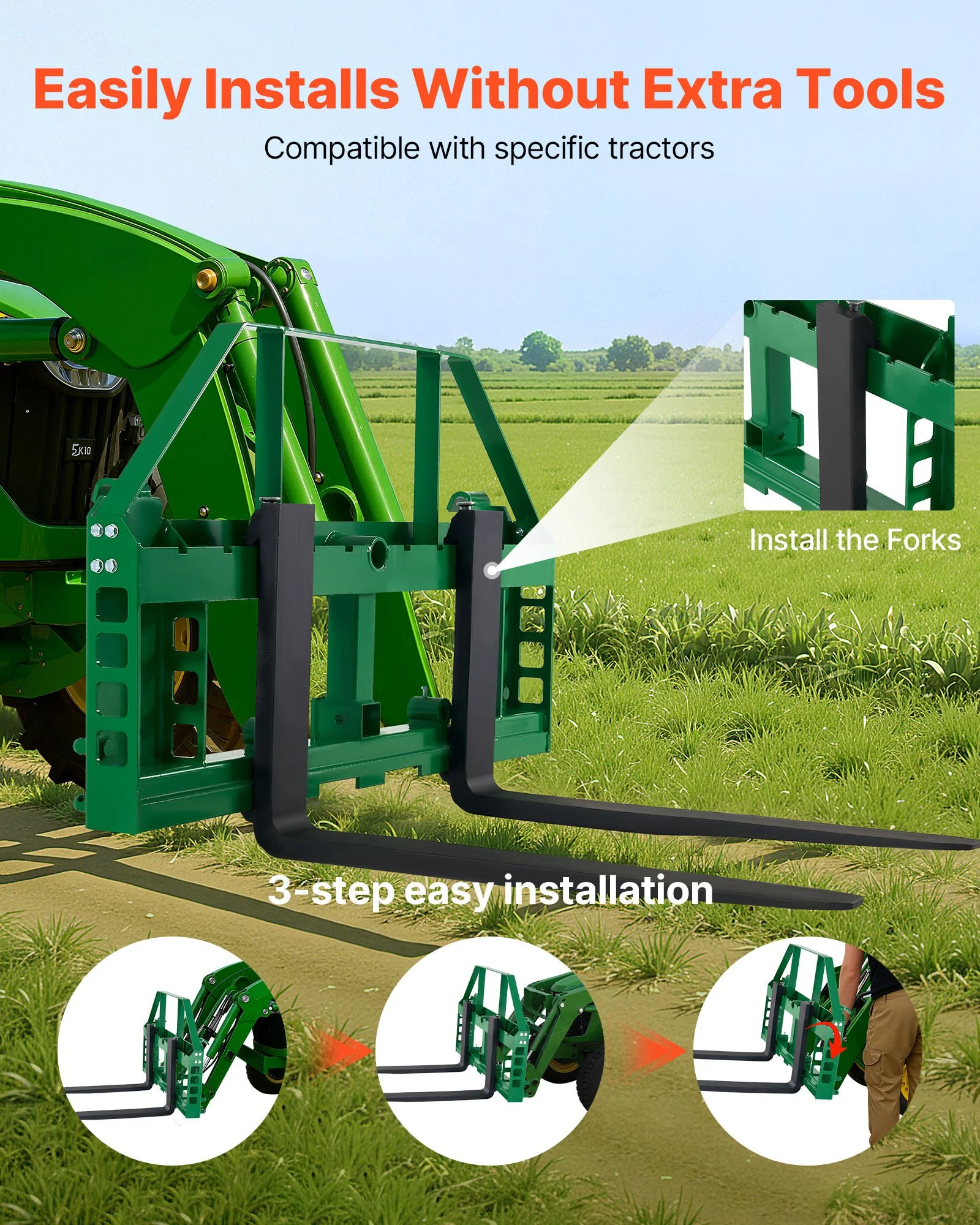Pallet Fork Frame Attachment with 48-inch Skid Steer Forks for JD Tractors - Image 10