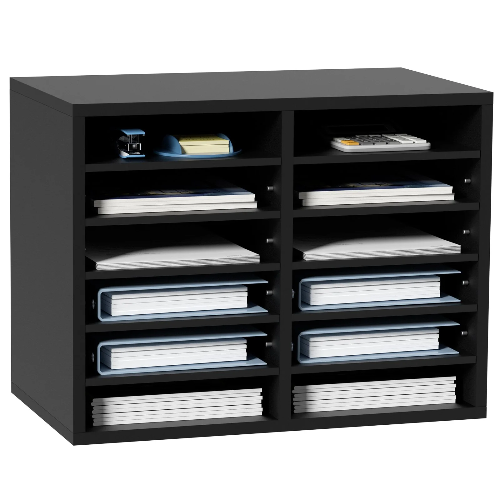 Wood Literature Organizer, 12 Compartments, File Sorter with Removable Shelves, Mailboxes Slot for Office Home Classroom Mailrooms Organization, EPA Certified, Black