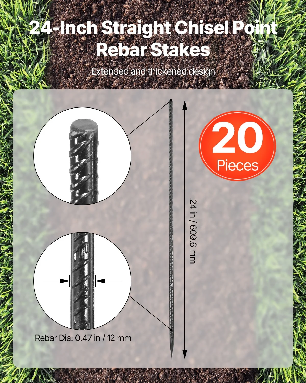 Rebar Stakes, 24-Inch, Heavy-Duty 0.47 in Diameter, Straight Galvanized Steel Ground Anchors with Chisel Point End & Rust-Resistant Coating, for Gardening Support, Fence, Camping Tents (20-Pack) - Image 5