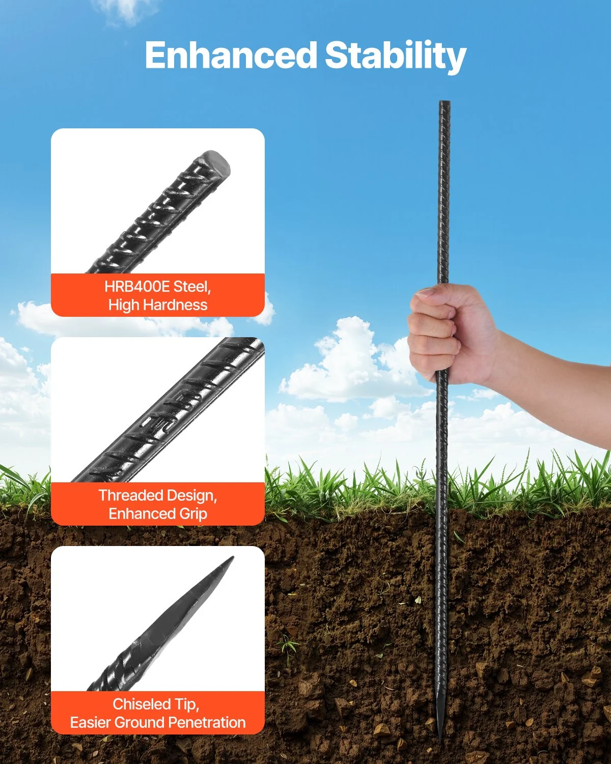 Rebar Stakes, 24-Inch, Heavy-Duty 0.47 in Diameter, Straight Galvanized Steel Ground Anchors with Chisel Point End & Rust-Resistant Coating, for Gardening Support, Fence, Camping Tents (20-Pack) - Image 7