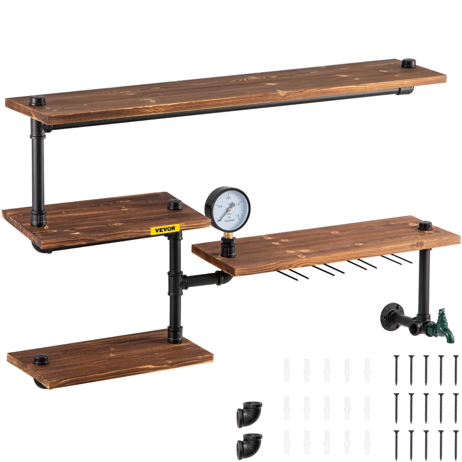 Pipe Shelving, Industrial Floating Shelves with 4-Tier Solid Wood Planks, Modern Rustic Floating Shelves Wall Mounted, DIY Storage Bracket for Bookshelf, Kitchen, Bathroom, Home Decor, Brown