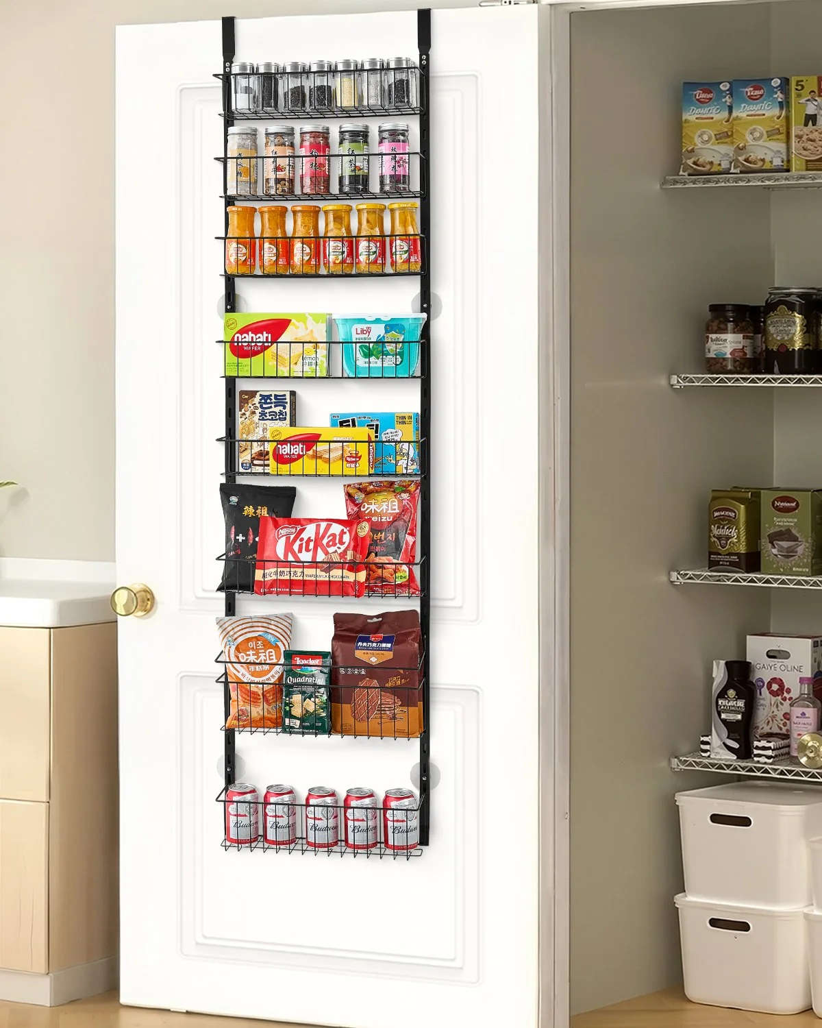 Over the Door Pantry Organizer, 8-Tier Pantry Organization and Storage, Heavy-Duty Steel Hanging Spice Rack, Adjustable Wall Seasoning Shelves, for Home Kitchen Laundry Room Bathroom, Black