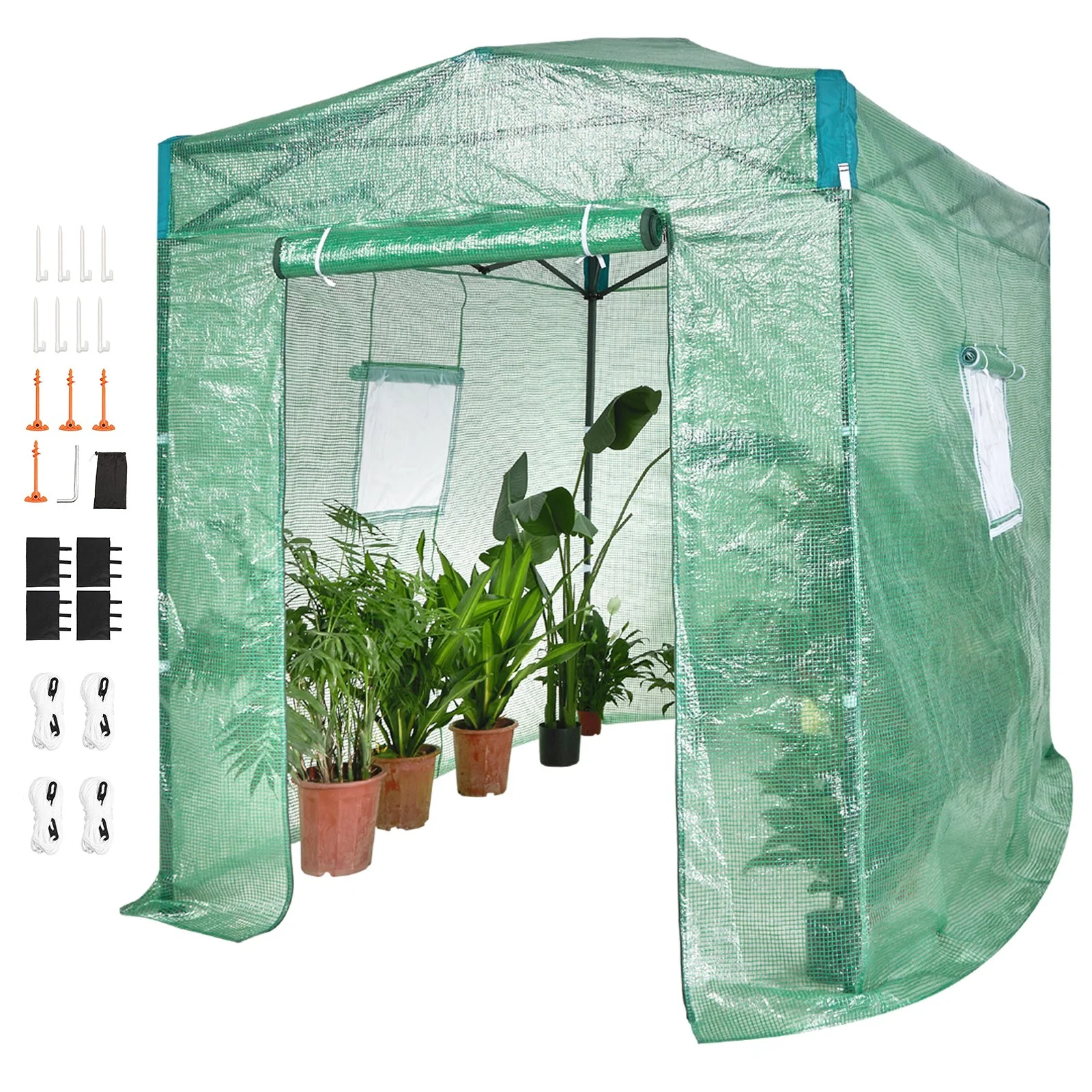 Pop Up Greenhouse, 8'x 6'x 7.5' Pop-up Green House, Set Up in Minutes, High Strength PE Cover with Doors & Windows and Powder-Coated Steel Frame, Suitable for Planting and Storage, Green
