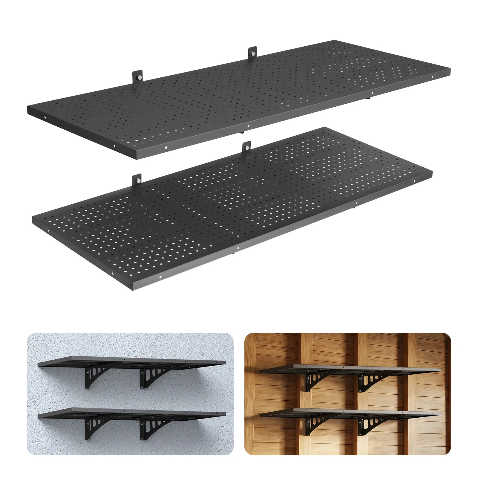2-Tier Heavy Duty Wall Garage Shelving, 1.64 x 4 ft Steel Wall Mounted Shelving Unit, 19.68 x 48 Inch Per Shelf Floating Storage Metal Rack for Garage with 560 lbs Total Weight Capacity, Black