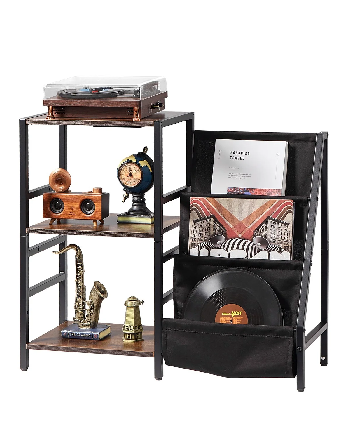 Record Player Stand with Charging Station & USB Ports, Holds up to 200 Albums, 3-Tier Turntable Stand with Vinyl Record Storage, Record Player Table with Display Shelf for Bedroom, Living Room