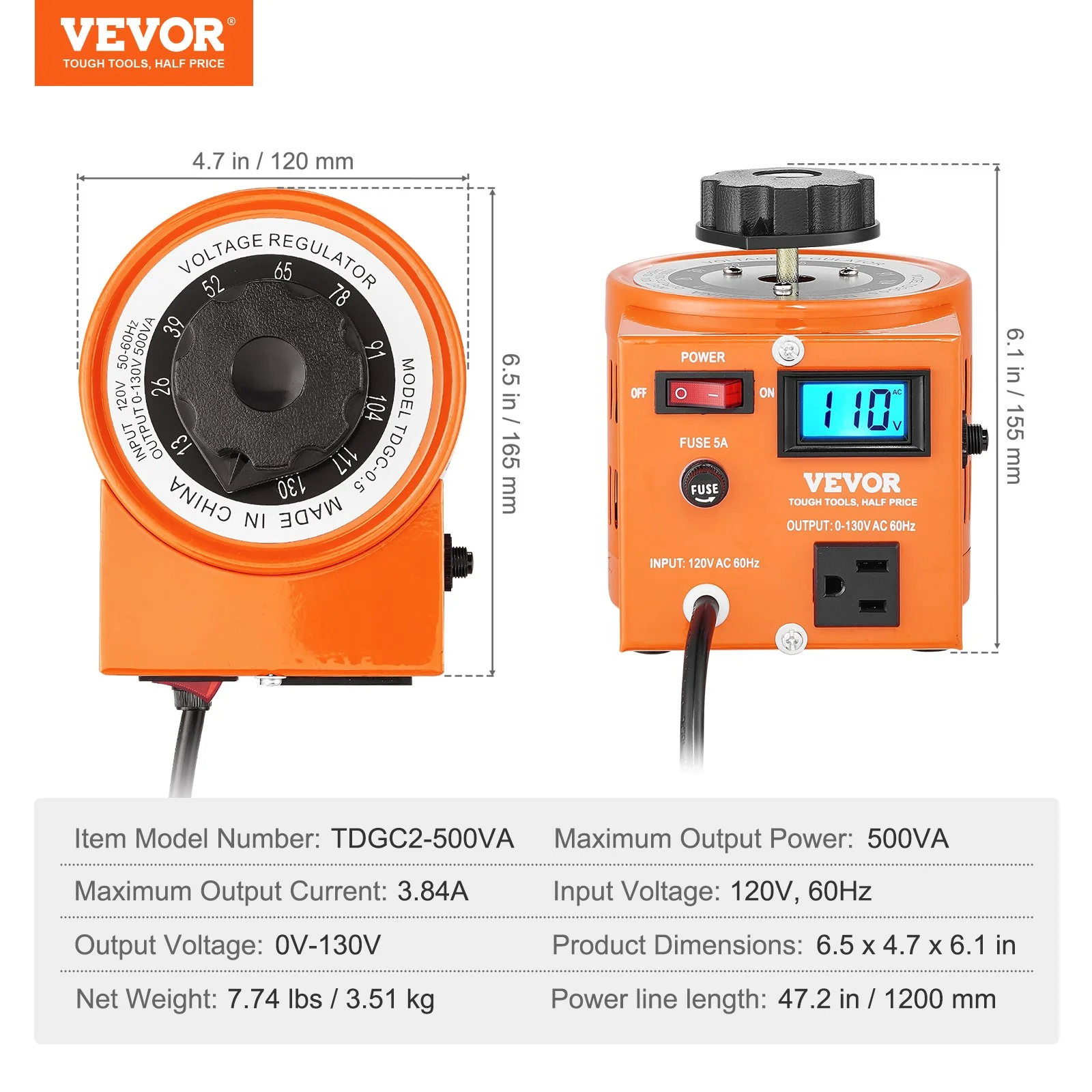 500VA Auto Variable Voltage Transformer, 3.84 Amp, 110V Input 0-130V Output AC Voltage Regulator, with LCD Display 4 Extra Fuses Thermal Control Switch for Home Industrial Office - Image 5