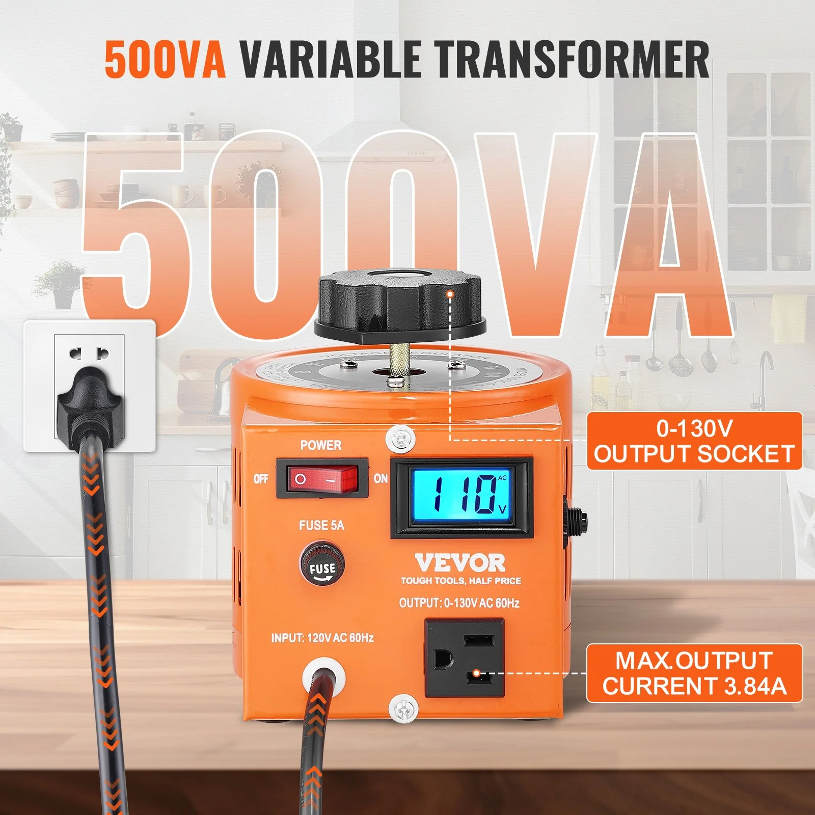 500VA Auto Variable Voltage Transformer, 3.84 Amp, 110V Input 0-130V Output AC Voltage Regulator, with LCD Display 4 Extra Fuses Thermal Control Switch for Home Industrial Office - Image 10