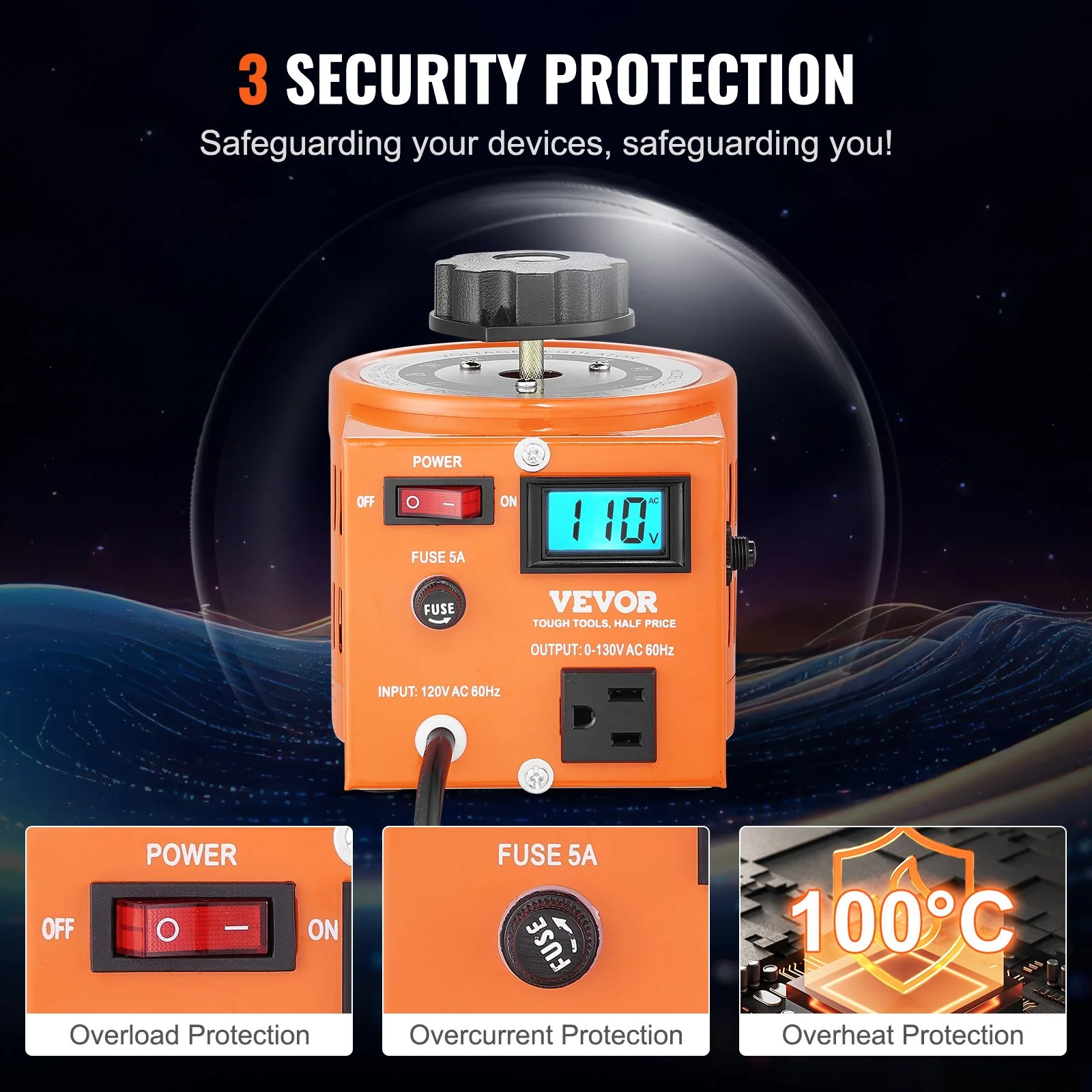 500VA Auto Variable Voltage Transformer, 3.84 Amp, 110V Input 0-130V Output AC Voltage Regulator, with LCD Display 4 Extra Fuses Thermal Control Switch for Home Industrial Office - Image 11