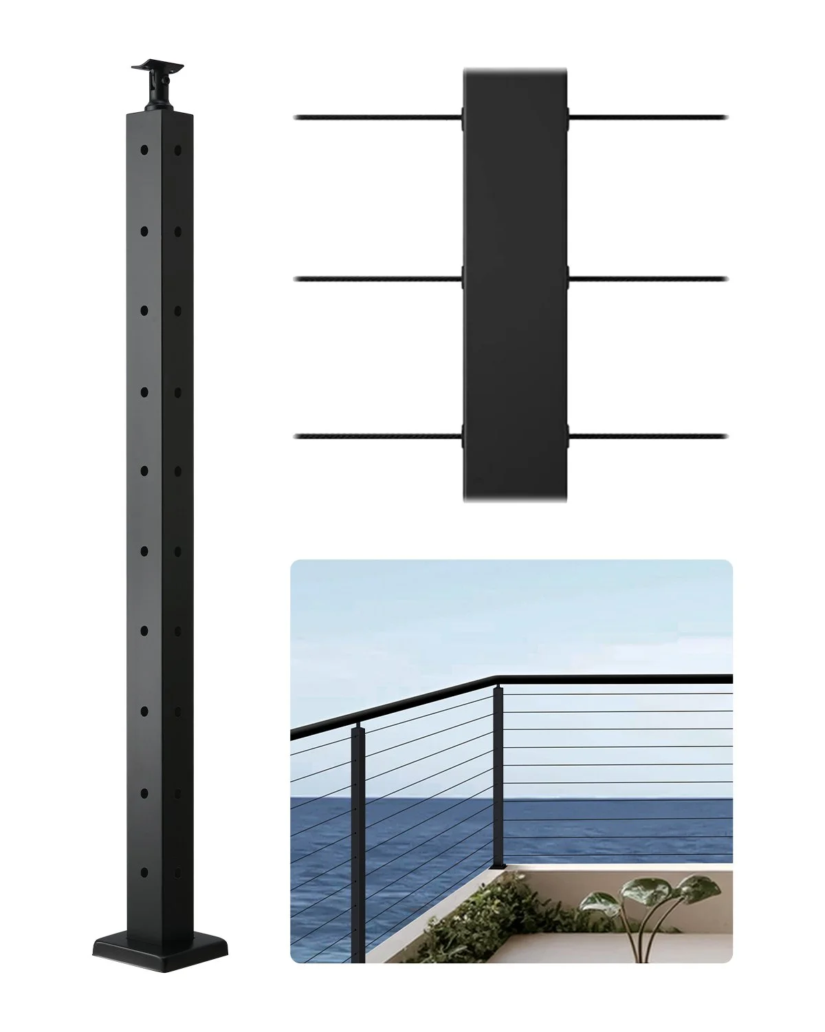 Cable Railing Post, 36x2x2 Inch Corner Railing Post, with L-Shaped Pre-Drilled Holes, Stainless Steel Cable Rail Post with Horizontal and Curved Bracket, 1-Pack, Black, 1JZLGZXHS914ZPBNY001V0