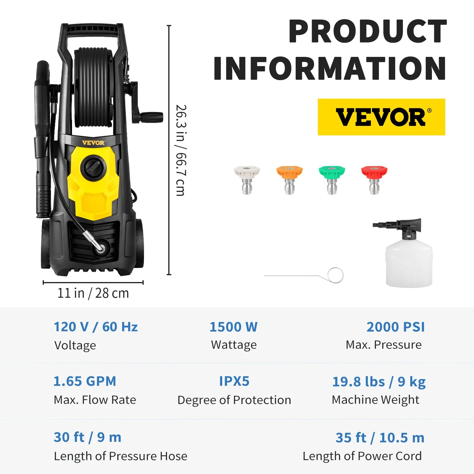 Electric Pressure Washer, 2000 PSI, Max 1.65 GPM Power Washer with 30 ft Hose & Reel, 5 Quick Connect Nozzles, Foam Cannon, Portable to Clean Patios, Cars, Fences, Driveways, ETL Listed - Image 4